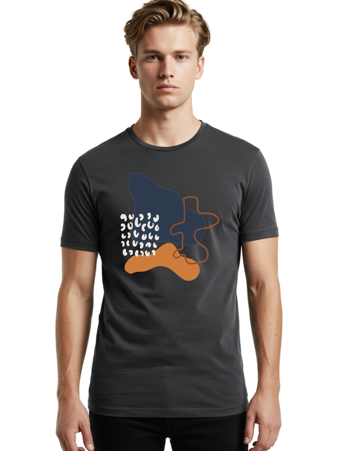 Abstract-Shapes-4 Men'S Graphic Tee, 100% Cotton, Comfortable Casual Summer Wear, Machine Washable, Abstract Art, Modern Design, Unique Shapes, Navy Blue Shape, Orange Blob, White Semicolons, Brown Squiggly Line, Creative Expression, - Aaa356 8