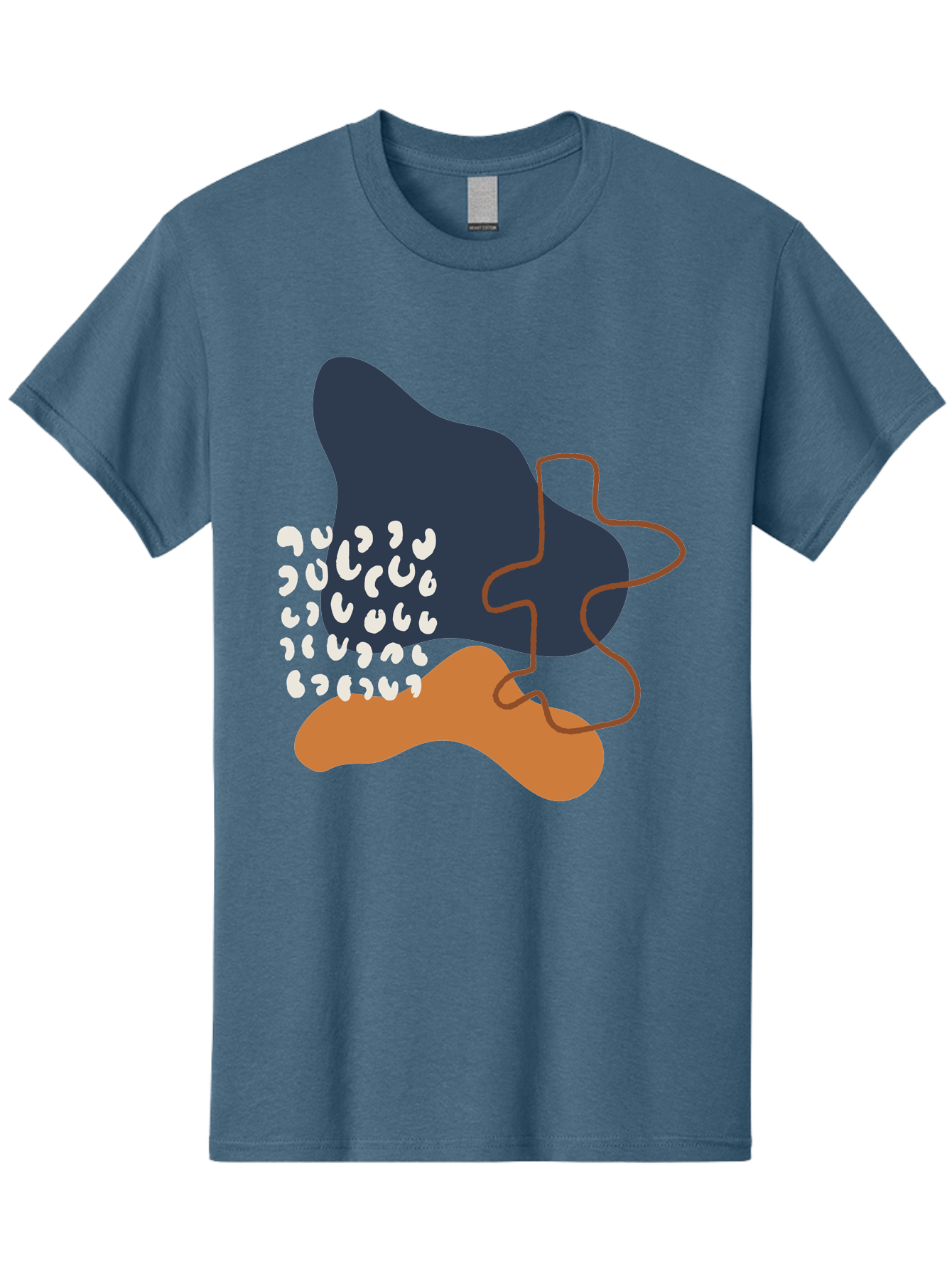 Abstract-Shapes-4 Men'S Graphic Tee, 100% Cotton, Comfortable Casual Summer Wear, Machine Washable, Abstract Art, Modern Design, Unique Shapes, Navy Blue Shape, Orange Blob, White Semicolons, Brown Squiggly Line, Creative Expression, - Aaa356 15