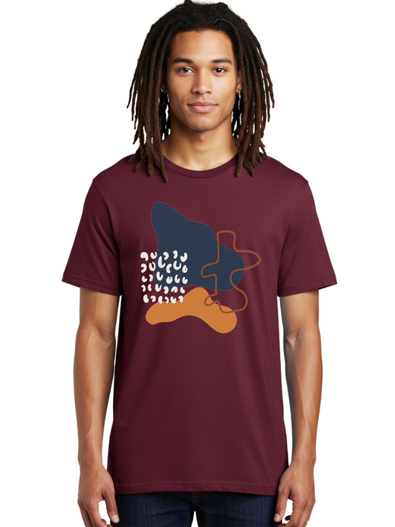 Abstract-Shapes-4 Men'S Graphic Tee, 100% Cotton, Comfortable Casual Summer Wear, Machine Washable, Abstract Art, Modern Design, Unique Shapes, Navy Blue Shape, Orange Blob, White Semicolons, Brown Squiggly Line, Creative Expression, - Aaa356 28