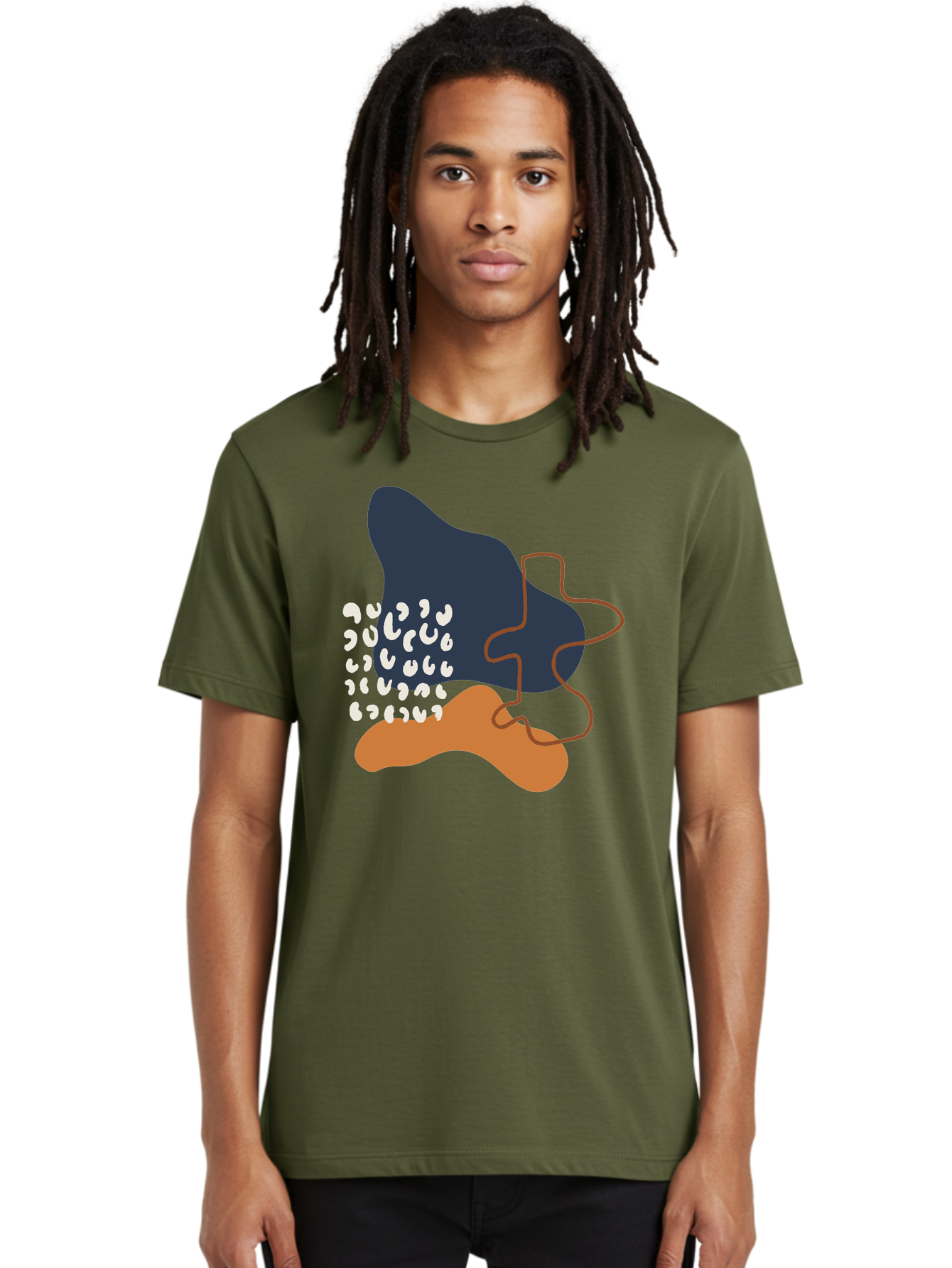 Abstract-Shapes-4 Men'S Graphic Tee, 100% Cotton, Comfortable Casual Summer Wear, Machine Washable, Abstract Art, Modern Design, Unique Shapes, Navy Blue Shape, Orange Blob, White Semicolons, Brown Squiggly Line, Creative Expression, - Aaa356 10