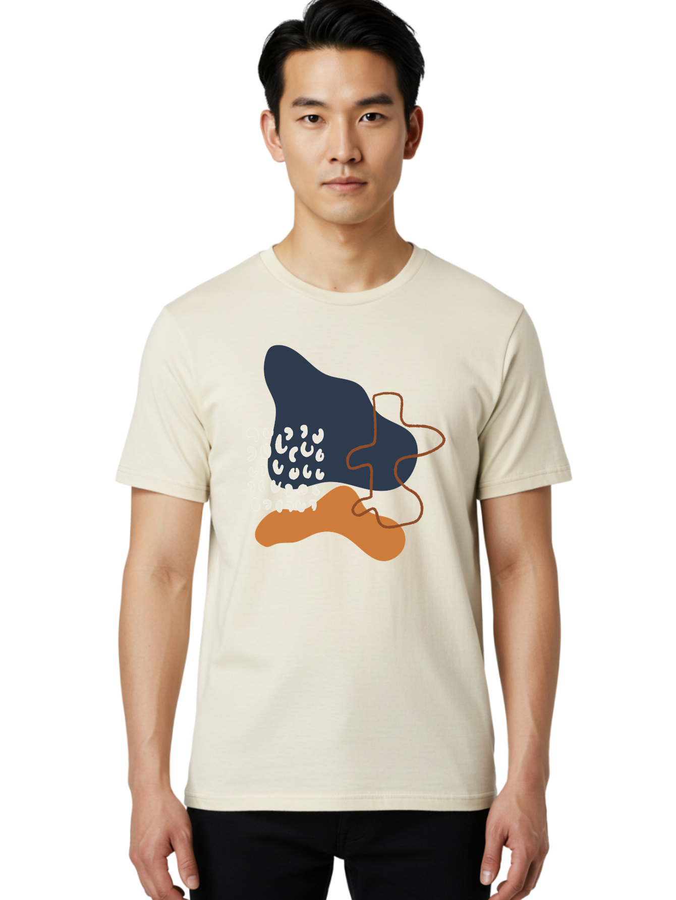 Abstract-Shapes-4 Men'S Graphic Tee, 100% Cotton, Comfortable Casual Summer Wear, Machine Washable, Abstract Art, Modern Design, Unique Shapes, Navy Blue Shape, Orange Blob, White Semicolons, Brown Squiggly Line, Creative Expression, - Aaa356 30
