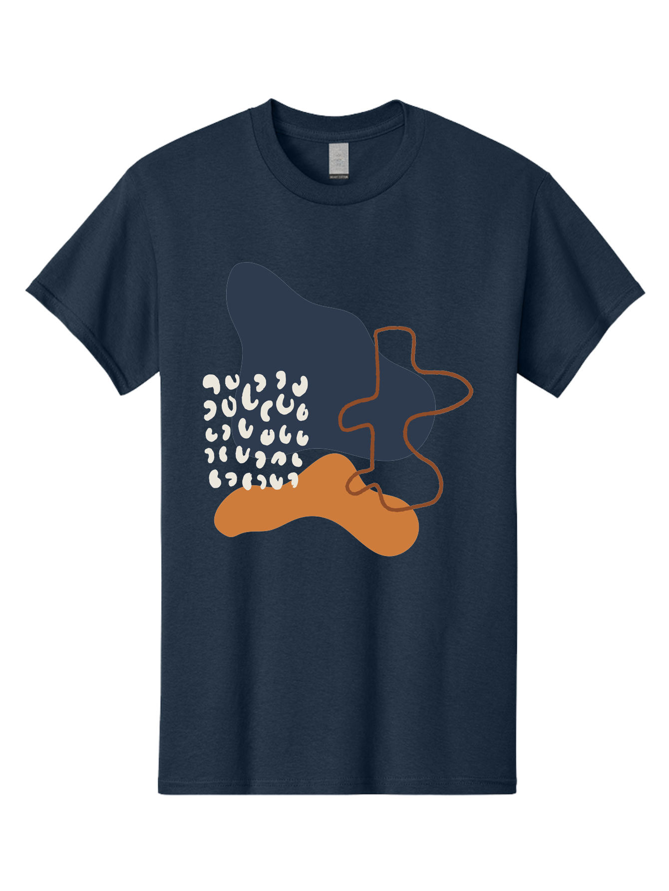 Abstract-Shapes-4 Men'S Graphic Tee, 100% Cotton, Comfortable Casual Summer Wear, Machine Washable, Abstract Art, Modern Design, Unique Shapes, Navy Blue Shape, Orange Blob, White Semicolons, Brown Squiggly Line, Creative Expression, - Aaa356 5