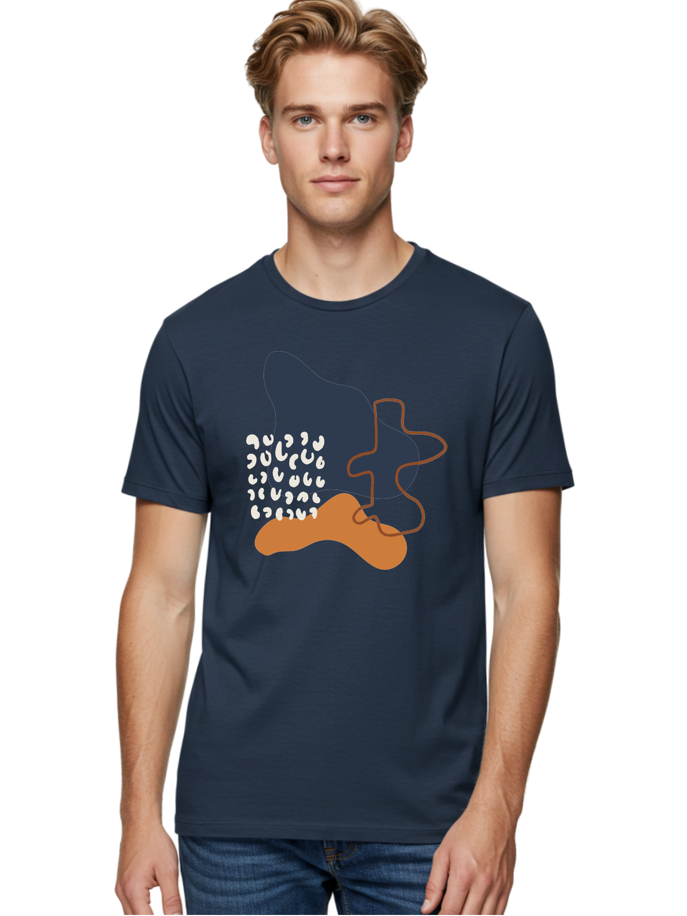 Abstract-Shapes-4 Men'S Graphic Tee, 100% Cotton, Comfortable Casual Summer Wear, Machine Washable, Abstract Art, Modern Design, Unique Shapes, Navy Blue Shape, Orange Blob, White Semicolons, Brown Squiggly Line, Creative Expression, - Aaa356 6