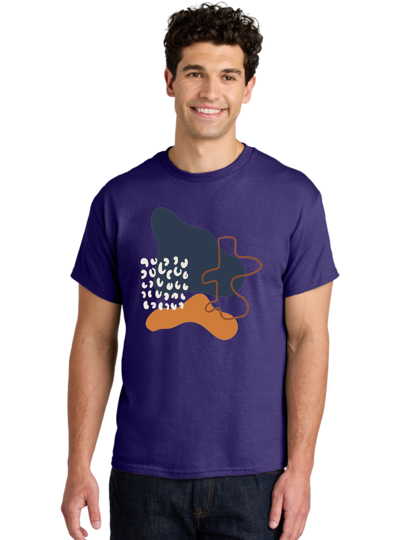Abstract-Shapes-4 Men'S Graphic Tee, 100% Cotton, Comfortable Casual Summer Wear, Machine Washable, Abstract Art, Modern Design, Unique Shapes, Navy Blue Shape, Orange Blob, White Semicolons, Brown Squiggly Line, Creative Expression, - Aaa356 26