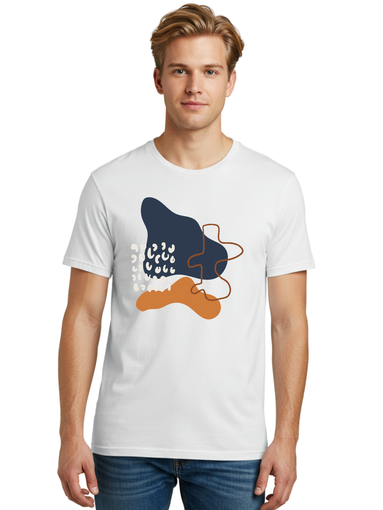 Abstract-Shapes-4 Men'S Graphic Tee, 100% Cotton, Comfortable Casual Summer Wear, Machine Washable, Abstract Art, Modern Design, Unique Shapes, Navy Blue Shape, Orange Blob, White Semicolons, Brown Squiggly Line, Creative Expression, - Aaa356 4
