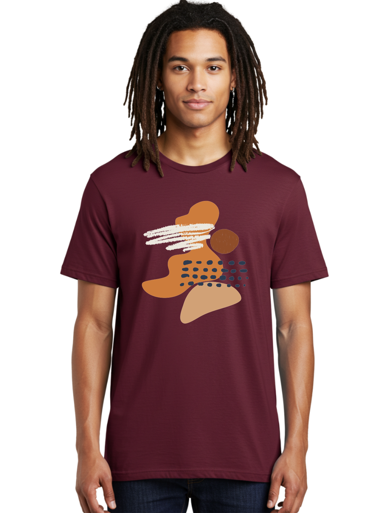 Abstract-Shapes Men'S Graphic Tee, 100% Cotton, Comfortable Casual Summer Wear, Machine Washable, Abstract Art, Modern Design, Geometric Shapes, Orange And Brown Hues, White Streaks, Black Dots, Artistic Expression, Contemporary Style - Aaa357 6