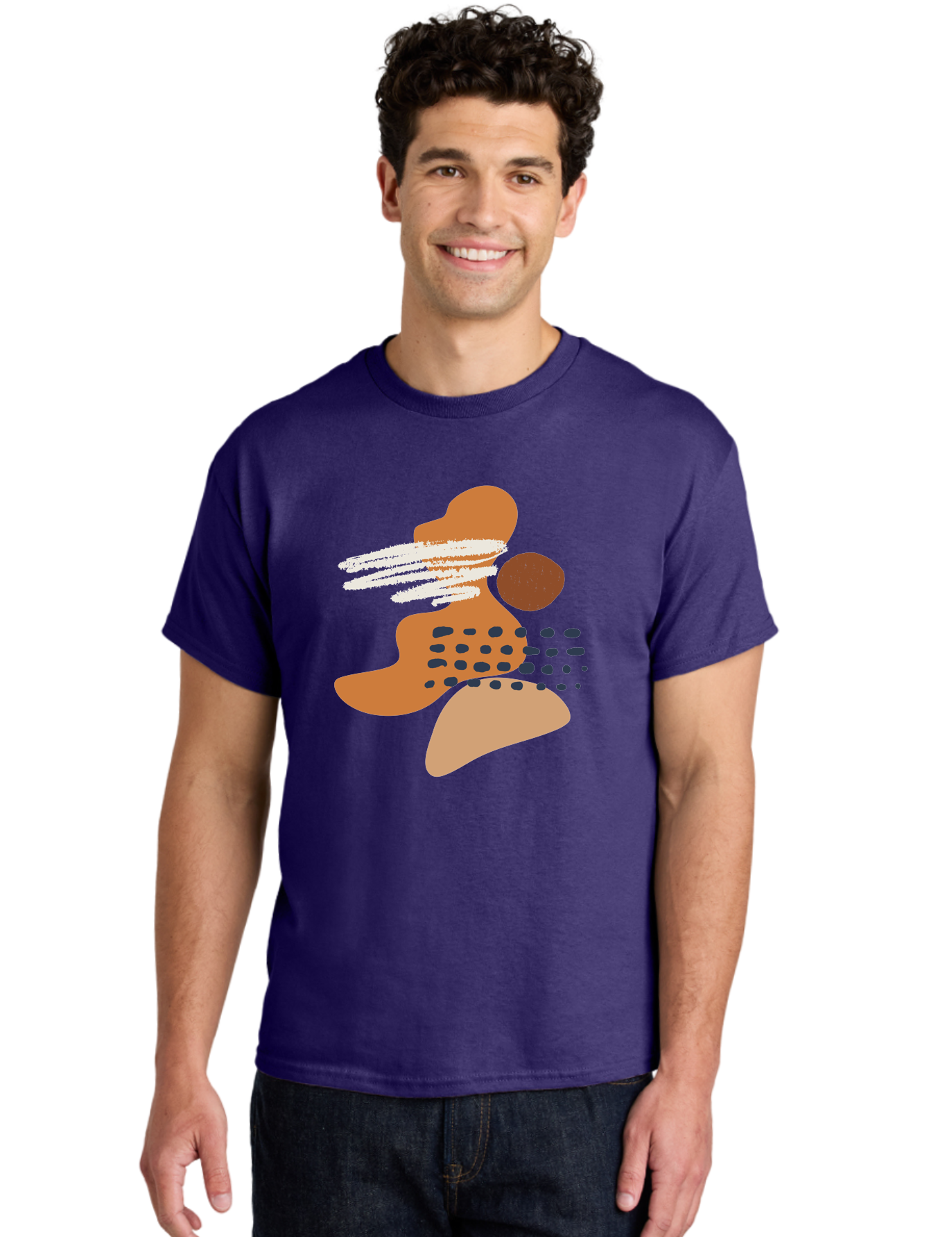 Abstract-Shapes Men'S Graphic Tee, 100% Cotton, Comfortable Casual Summer Wear, Machine Washable, Abstract Art, Modern Design, Geometric Shapes, Orange And Brown Hues, White Streaks, Black Dots, Artistic Expression, Contemporary Style - Aaa357 4