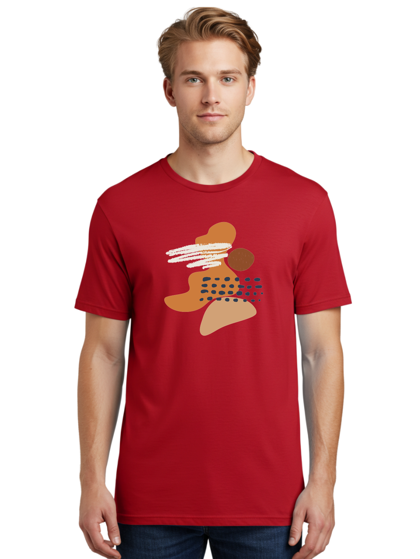 Abstract-Shapes Men'S Graphic Tee, 100% Cotton, Comfortable Casual Summer Wear, Machine Washable, Abstract Art, Modern Design, Geometric Shapes, Orange And Brown Hues, White Streaks, Black Dots, Artistic Expression, Contemporary Style - Aaa357 24