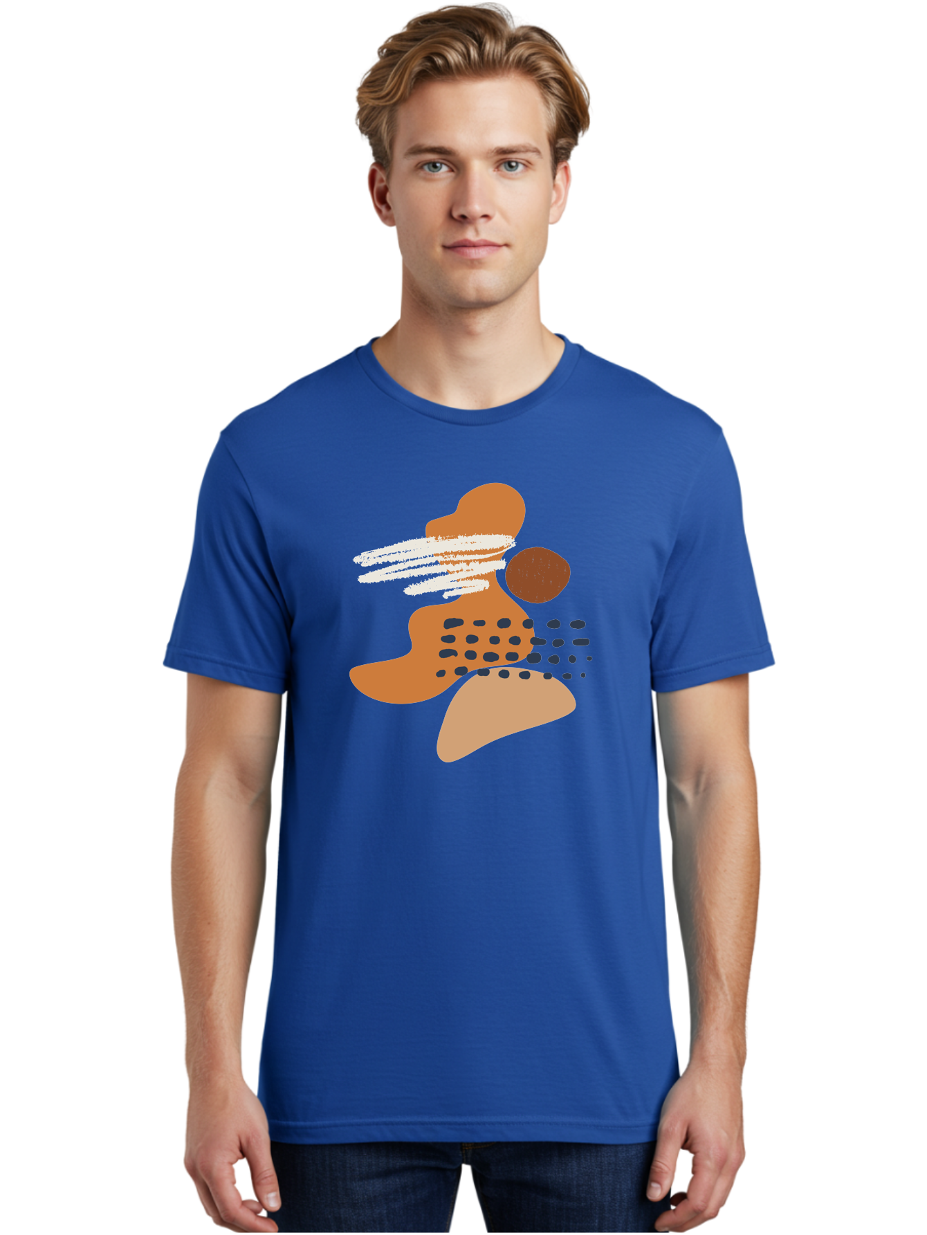 Abstract-Shapes Men'S Graphic Tee, 100% Cotton, Comfortable Casual Summer Wear, Machine Washable, Abstract Art, Modern Design, Geometric Shapes, Orange And Brown Hues, White Streaks, Black Dots, Artistic Expression, Contemporary Style - Aaa357 26