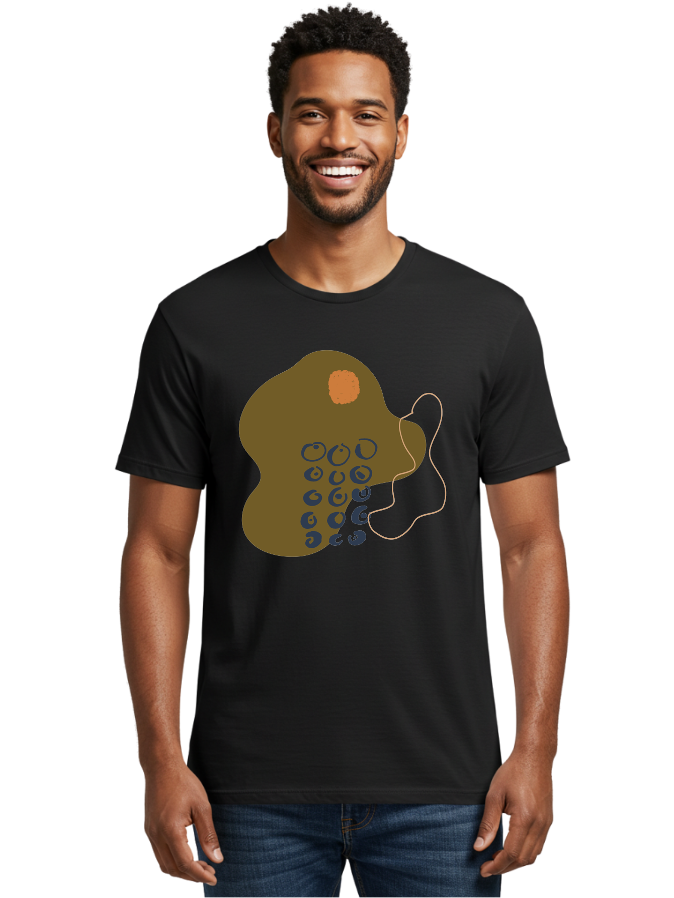 Brown-Blob Men'S Graphic Tee, 100% Cotton, Comfortable Casual Summer Wear, Machine Washable, Abstract Art, Modern Design, Blue Circles, Brown Blob, Irregular Shape, Creative Expression, Digital Illustration, Unique Pattern - Aaa403 24