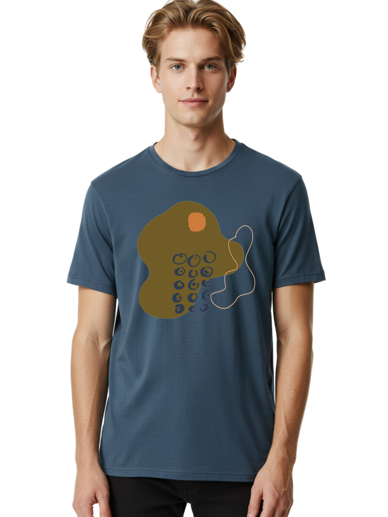 Brown-Blob Men'S Graphic Tee, 100% Cotton, Comfortable Casual Summer Wear, Machine Washable, Abstract Art, Modern Design, Blue Circles, Brown Blob, Irregular Shape, Creative Expression, Digital Illustration, Unique Pattern - Aaa403 2