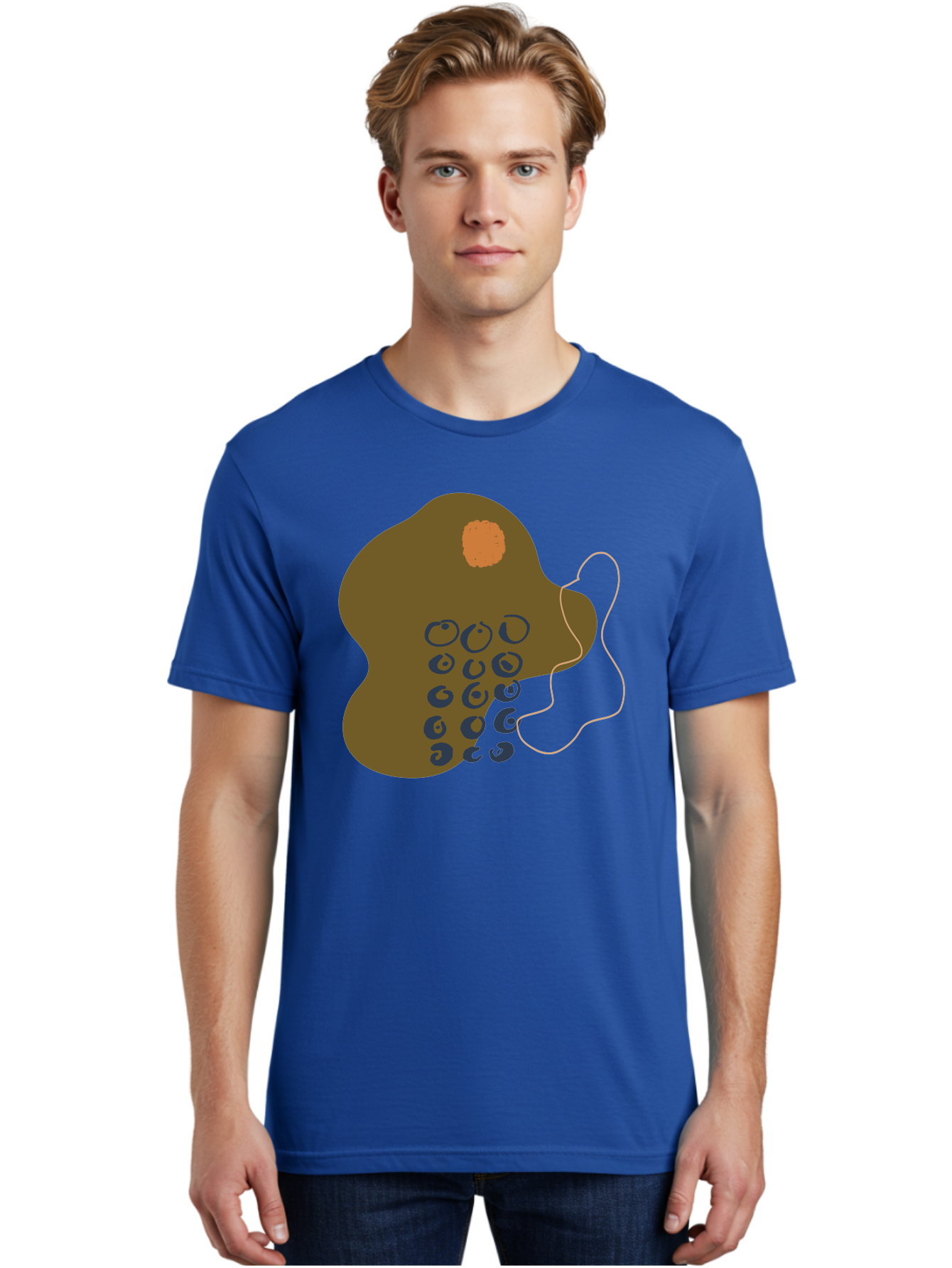 Brown-Blob Men'S Graphic Tee, 100% Cotton, Comfortable Casual Summer Wear, Machine Washable, Abstract Art, Modern Design, Blue Circles, Brown Blob, Irregular Shape, Creative Expression, Digital Illustration, Unique Pattern - Aaa403 10