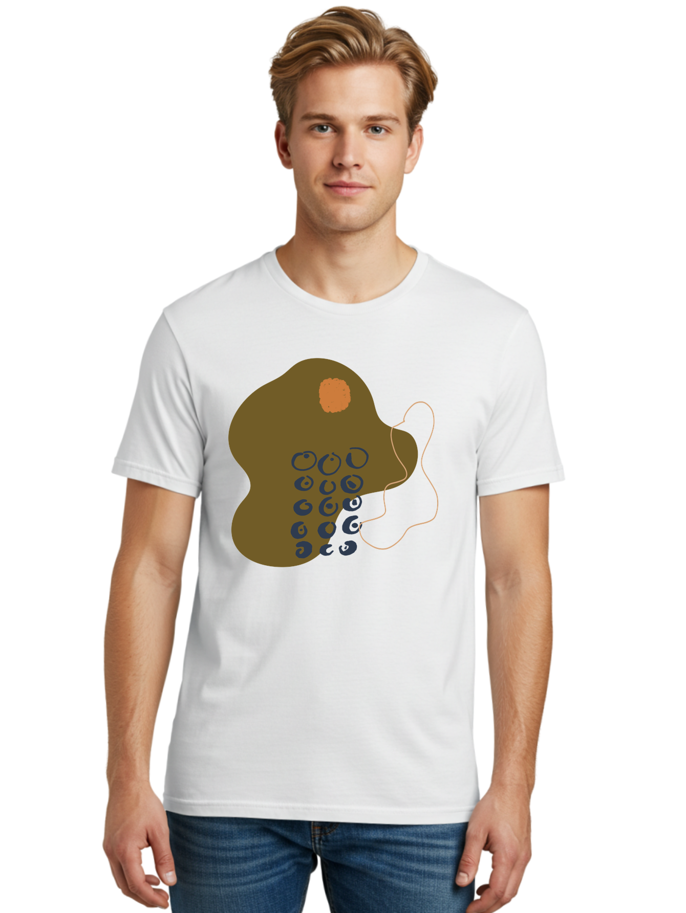 Brown-Blob Men'S Graphic Tee, 100% Cotton, Comfortable Casual Summer Wear, Machine Washable, Abstract Art, Modern Design, Blue Circles, Brown Blob, Irregular Shape, Creative Expression, Digital Illustration, Unique Pattern - Aaa403 30