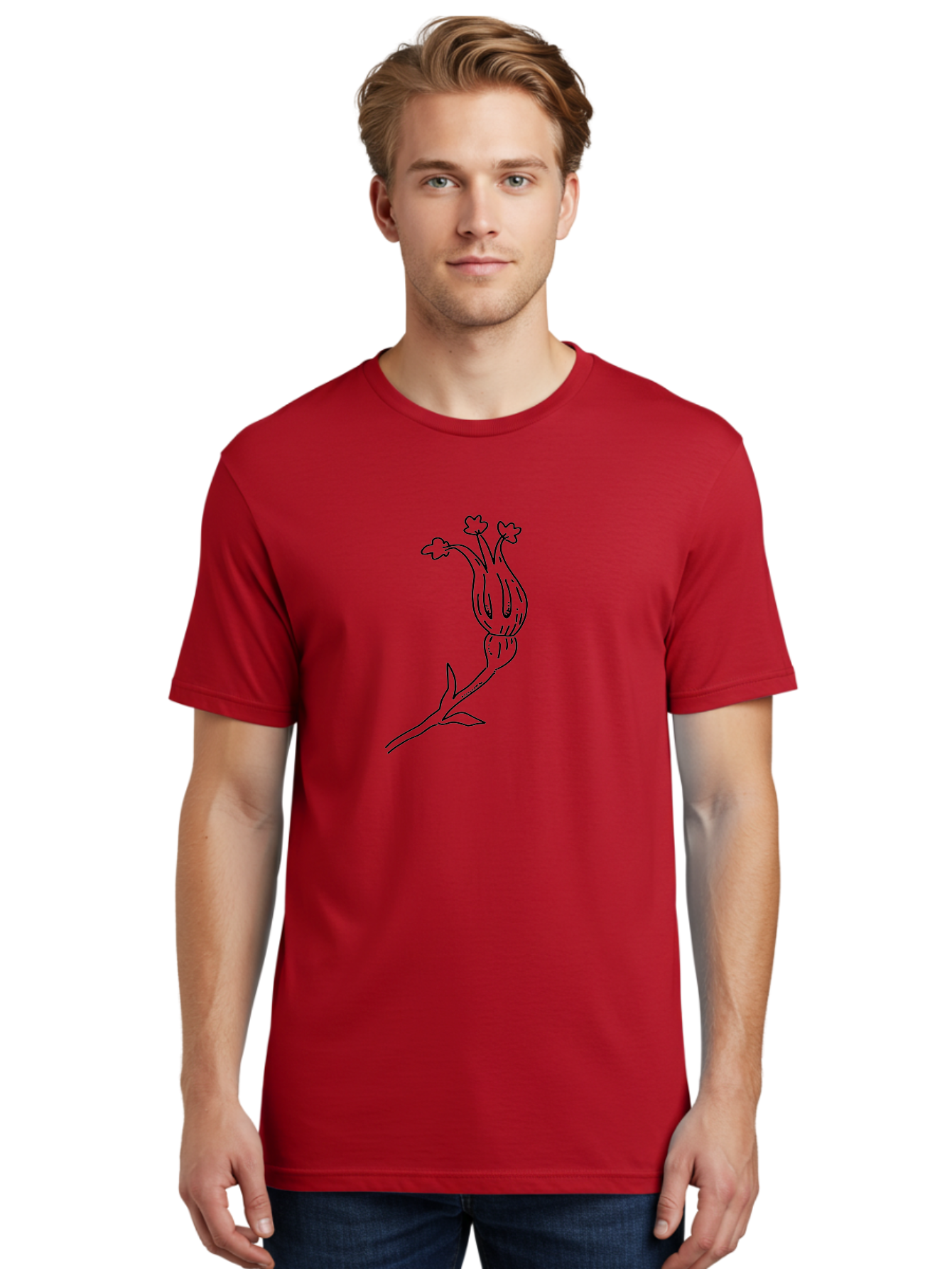 Flower-Illustration Men'S Graphic Tee, 100% Cotton, Comfortable Casual Summer Wear, Machine Washable, Simple Flower Drawing, Minimalist Art, Black Outline, Stylized Blooms, Hand-Drawn Illustration, Floral Design, Cartoon Flower - Aaa433 24