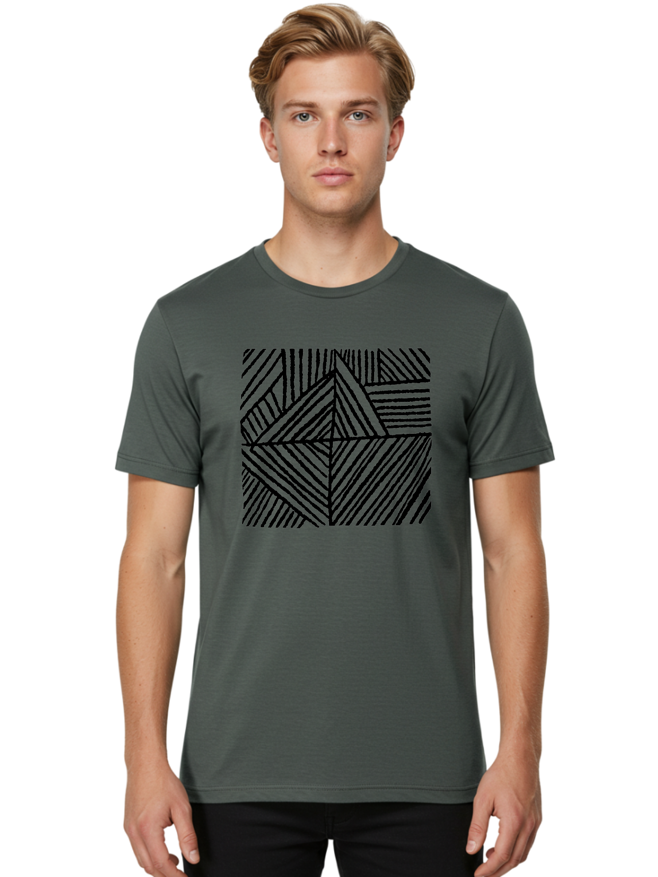 Geometric-Pattern Men'S Graphic Tee, 100% Cotton, Comfortable Casual Summer Wear, Machine Washable, Geometric Pattern, Black Lines, Abstract Design, Modern Art, Optical Illusion, Diagonal Lines, Triangle Shapes, Minimalist Style - Aaa436 4