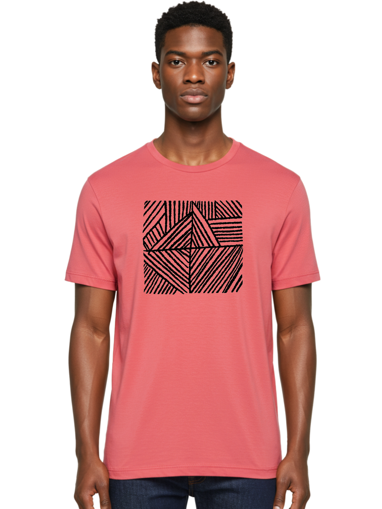 Geometric-Pattern Men'S Graphic Tee, 100% Cotton, Comfortable Casual Summer Wear, Machine Washable, Geometric Pattern, Black Lines, Abstract Design, Modern Art, Optical Illusion, Diagonal Lines, Triangle Shapes, Minimalist Style - Aaa436 6