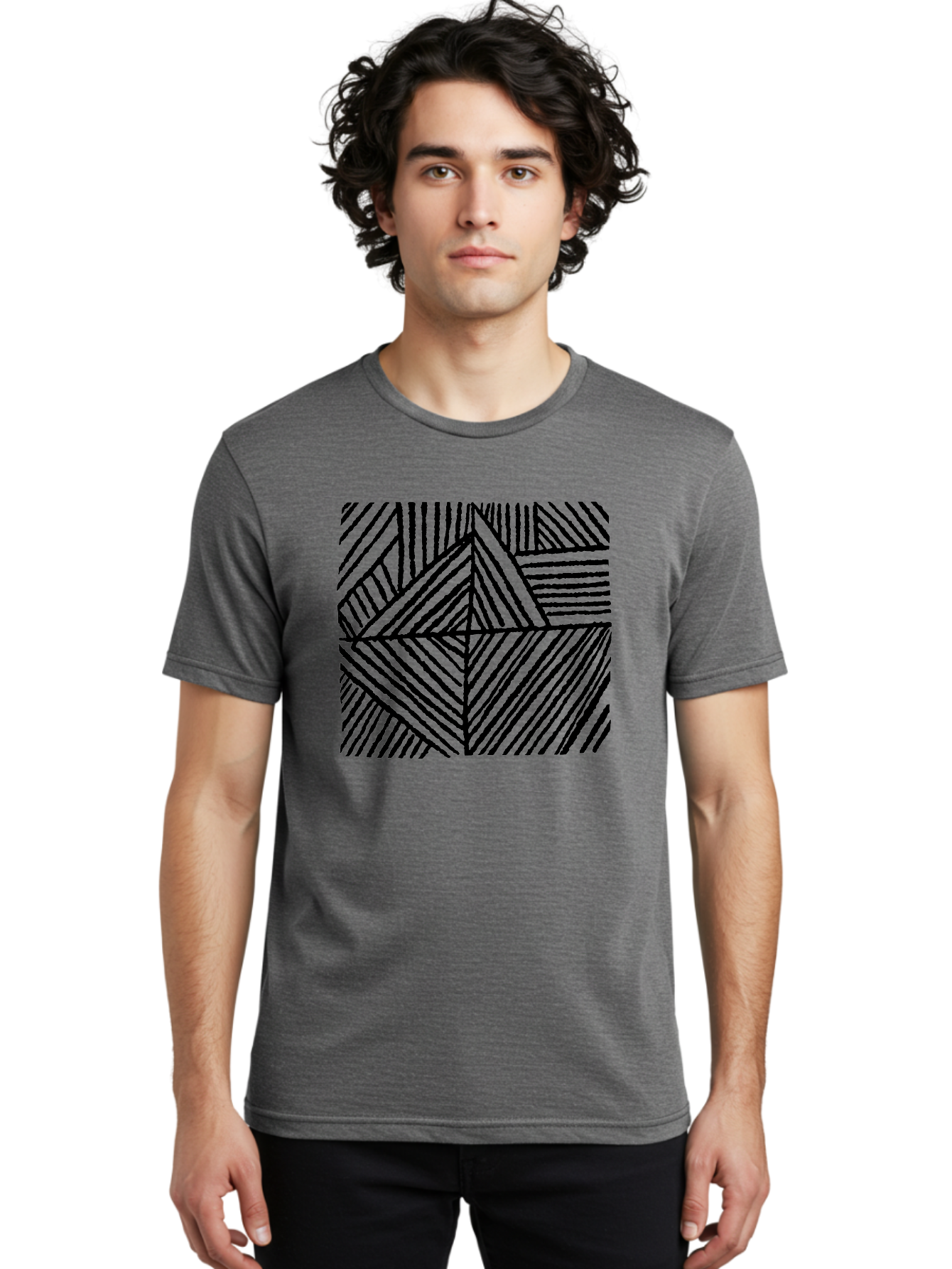 Geometric-Pattern Men'S Graphic Tee, 100% Cotton, Comfortable Casual Summer Wear, Machine Washable, Geometric Pattern, Black Lines, Abstract Design, Modern Art, Optical Illusion, Diagonal Lines, Triangle Shapes, Minimalist Style - Aaa436 10