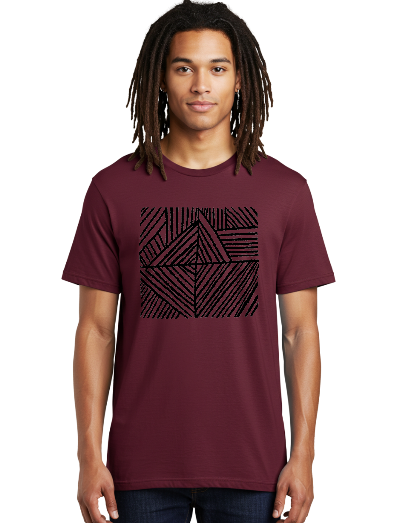 Geometric-Pattern Men'S Graphic Tee, 100% Cotton, Comfortable Casual Summer Wear, Machine Washable, Geometric Pattern, Black Lines, Abstract Design, Modern Art, Optical Illusion, Diagonal Lines, Triangle Shapes, Minimalist Style - Aaa436 14