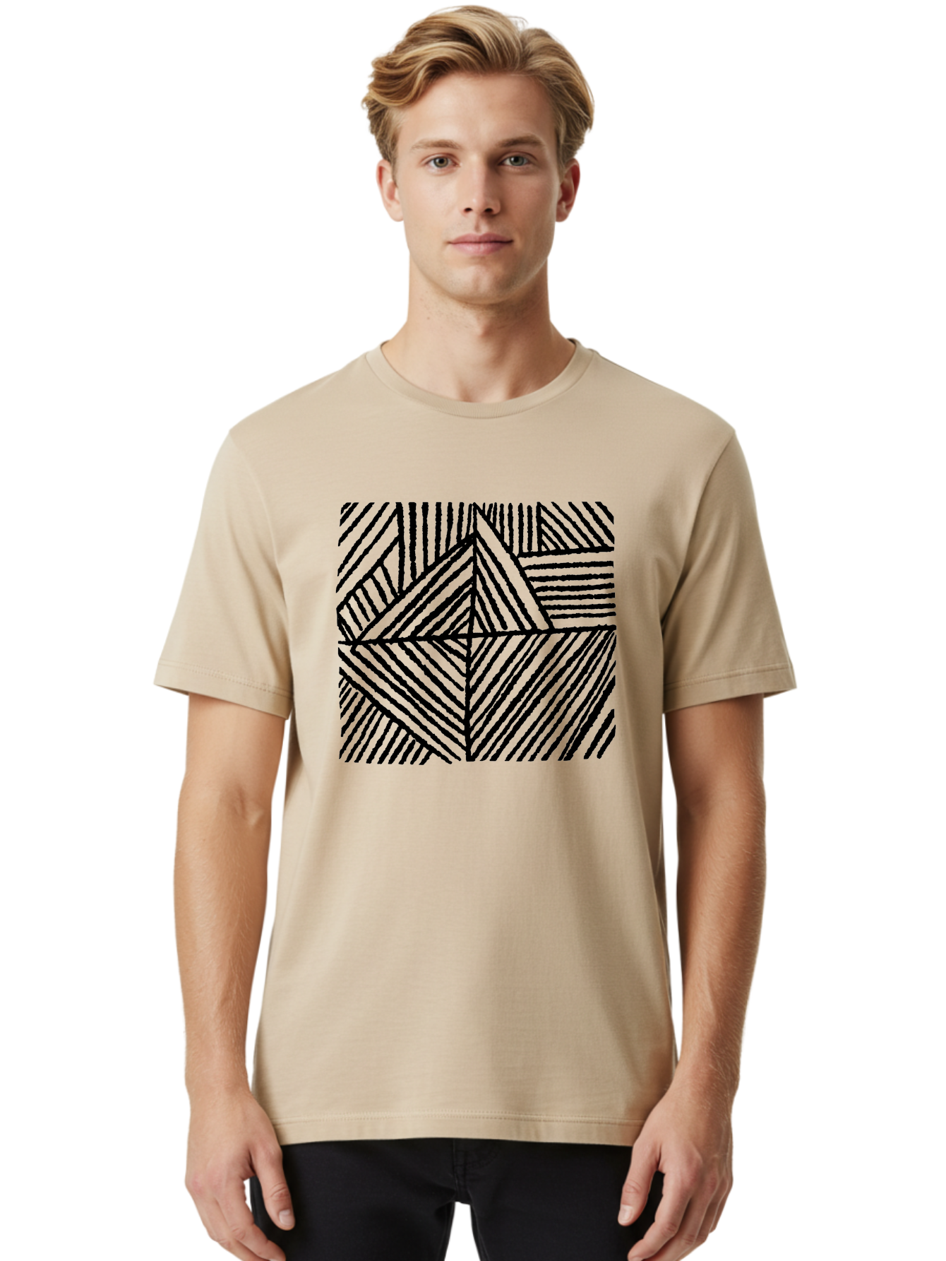 Geometric-Pattern Men'S Graphic Tee, 100% Cotton, Comfortable Casual Summer Wear, Machine Washable, Geometric Pattern, Black Lines, Abstract Design, Modern Art, Optical Illusion, Diagonal Lines, Triangle Shapes, Minimalist Style - Aaa436 28