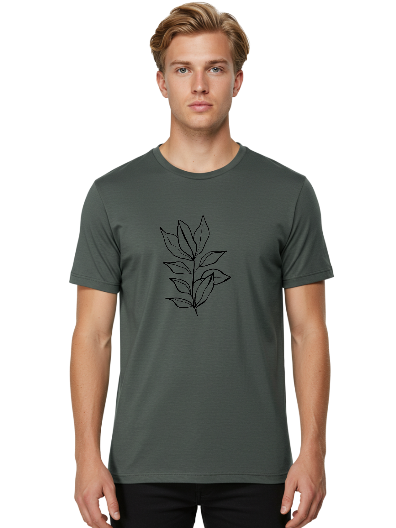 Leaves-4 Men'S Graphic Tee, 100% Cotton, Comfortable Casual Summer Wear, Machine Washable, Simple Leaf Design, Minimalist Art, Black Outline, Leaves, Foliage, Botanical Illustration, Simple Graphics, Modern Art - Aaa453 4