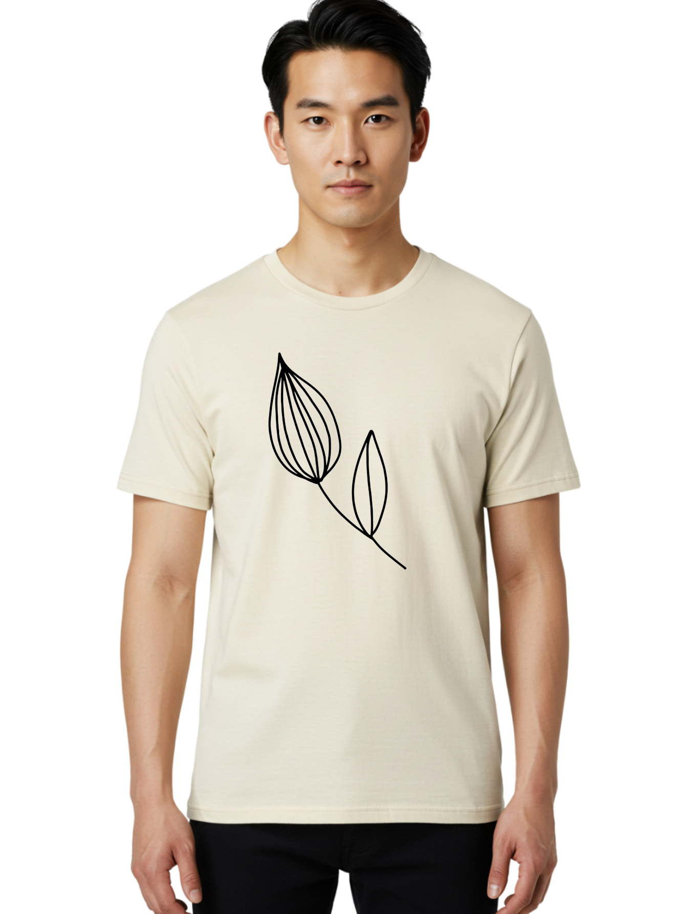Line-Drawing-Leaves Men'S Graphic Tee, 100% Cotton, Comfortable Casual Summer Wear, Machine Washable, Minimalist Design, Leafy Stem, Simple Lines, Botanical Illustration, Modern Art, Contemporary Style, Black And Green - Aaa459 18