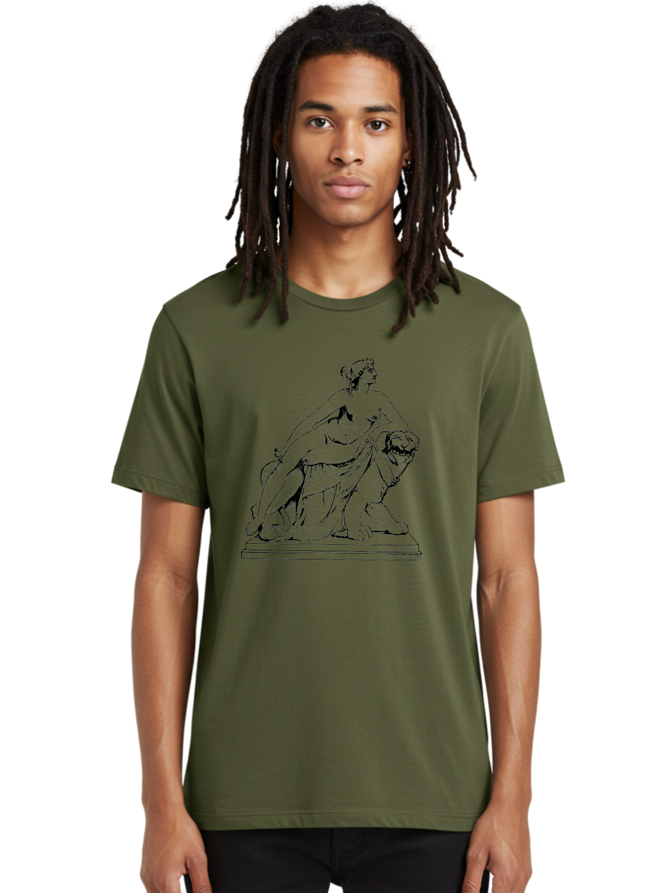 Aphrodite-Riding-Lion Men'S Graphic Tee, 100% Cotton, Comfortable Casual Summer Wear, Machine Washable, Classical Art, Greek Mythology, Female Figure, Lion Statue, Nude Woman, Goddess Aphrodite, Sensual Pose, Elegant Draping, - Aaa514 14