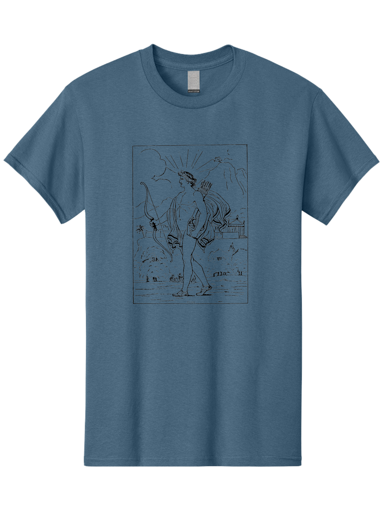 Apollo Men'S Graphic Tee, 100% Cotton, Comfortable Casual Summer Wear, Machine Washable, Classical Art, Greek Mythology, Archery, Nude Figure, Landscape, Palm Trees, Clouds, Birds, Temple, Historical Scene, Artistic Representation - Aaa515 23