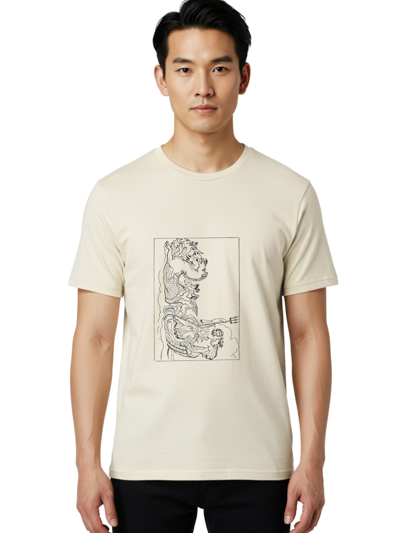 Dragon-Illustration Men'S Graphic Tee, 100% Cotton, Comfortable Casual Summer Wear, Machine Washable, Dragon And Warrior, Mythical Creature, Traditional Art, Intricate Design, Symbolic Figure, Chinese Culture, Fantasy Artwork, Line Drawing - Aaa531 18