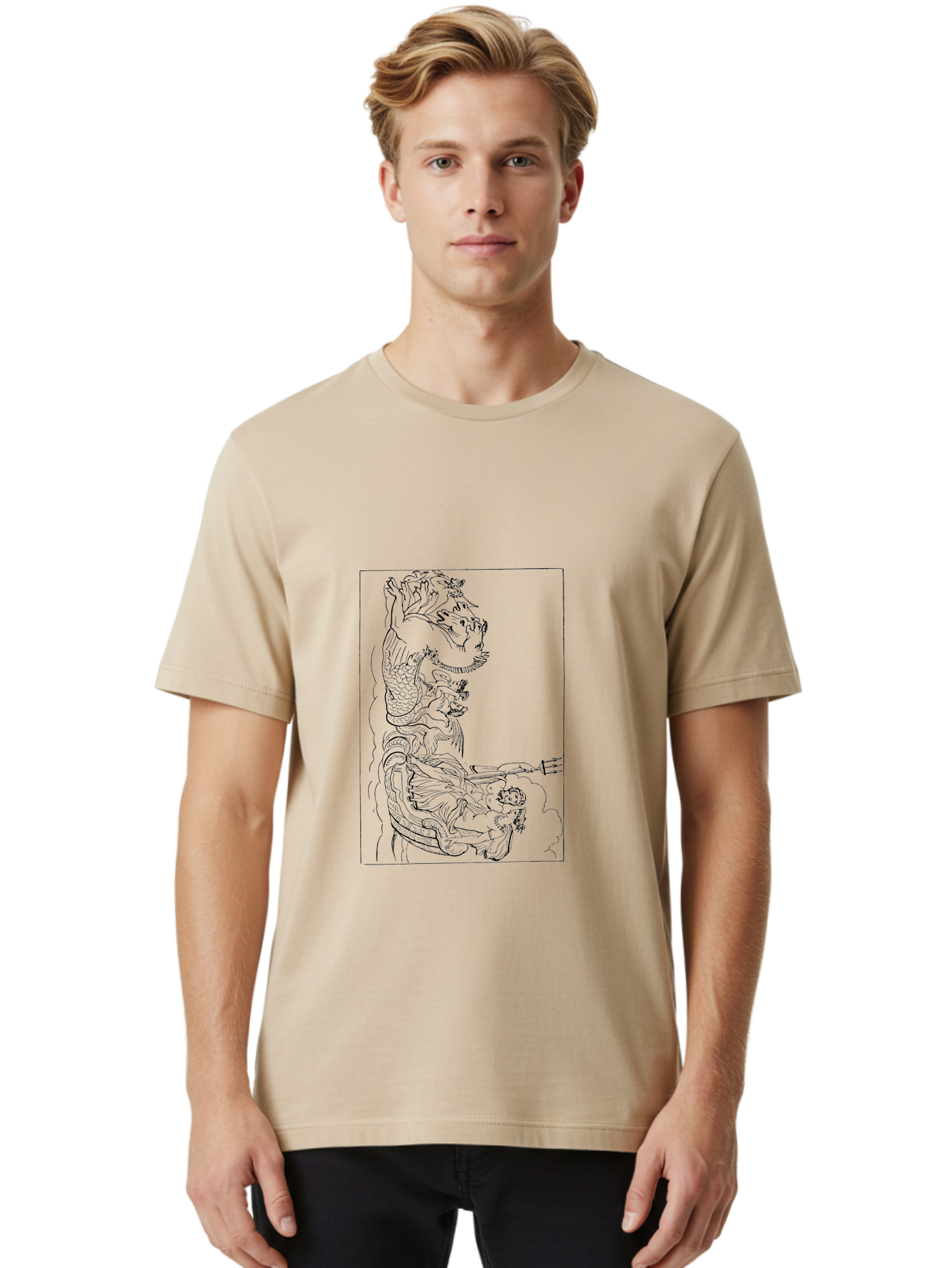 Dragon-Illustration Men'S Graphic Tee, 100% Cotton, Comfortable Casual Summer Wear, Machine Washable, Dragon And Warrior, Mythical Creature, Traditional Art, Intricate Design, Symbolic Figure, Chinese Culture, Fantasy Artwork, Line Drawing - Aaa531 12
