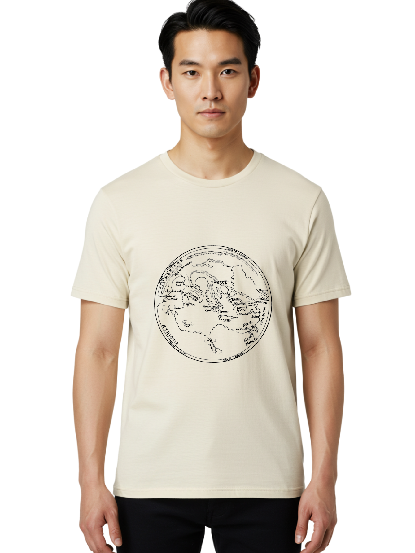 Ptolemy-World-Map Men'S Graphic Tee, 100% Cotton, Comfortable Casual Summer Wear, Machine Washable, Vintage Globe, World Map, Geographic Illustration, Antique Cartography, Historical Regions, Classical Geography, Old World Map, - Aaa557 24