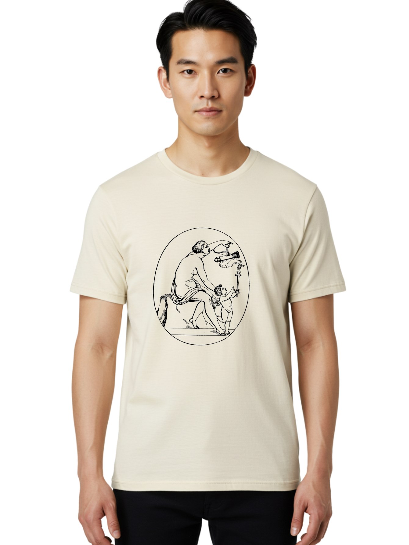 Satyr-And-Child Men'S Graphic Tee, 100% Cotton, Comfortable Casual Summer Wear, Machine Washable, Classical Art, Man Kneeling, Child Standing, Gift Giving, Ancient Greek, Black Line Art, Simple Shapes, Minimalist Design, Elegant Lines, - Aaa560 8