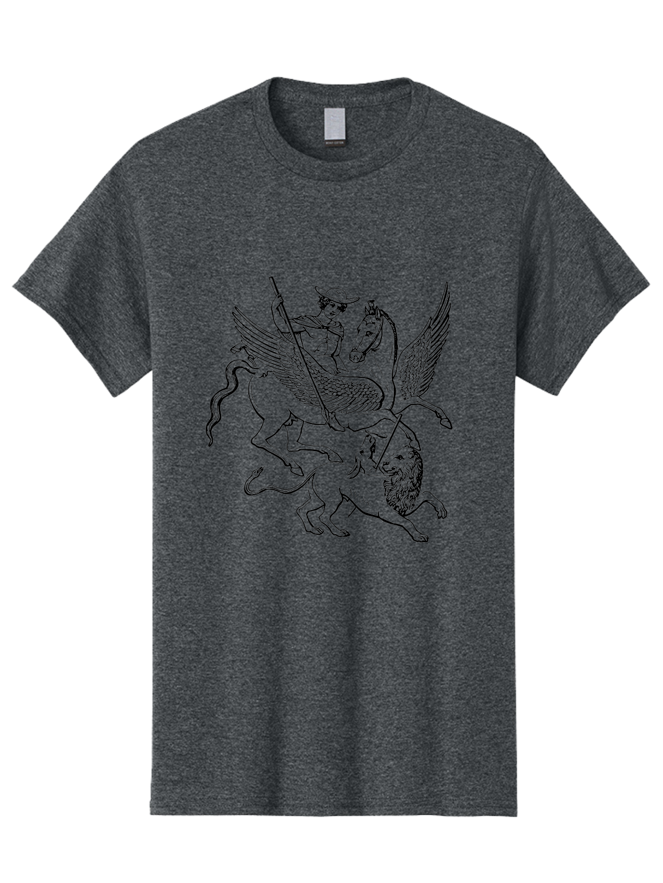 St-George-And-Dragon Men'S Graphic Tee, 100% Cotton, Comfortable Casual Summer Wear, Machine Washable, Man Riding Winged Horse, Horse Attacking Lion, Mythical Creatures, Fantasy Artwork, Black Line Art, Vintage Illustration, - Aaa565 3