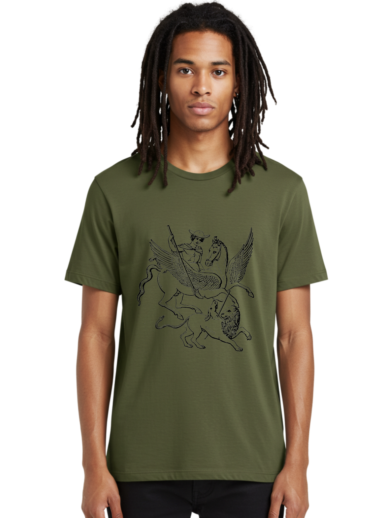 St-George-And-Dragon Men'S Graphic Tee, 100% Cotton, Comfortable Casual Summer Wear, Machine Washable, Man Riding Winged Horse, Horse Attacking Lion, Mythical Creatures, Fantasy Artwork, Black Line Art, Vintage Illustration, - Aaa565 8