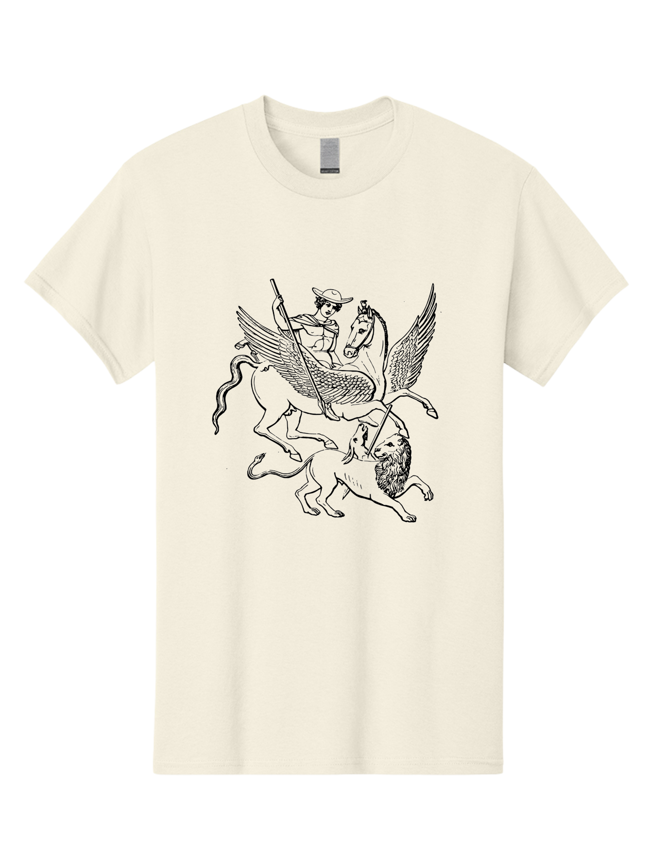 St-George-And-Dragon Men'S Graphic Tee, 100% Cotton, Comfortable Casual Summer Wear, Machine Washable, Man Riding Winged Horse, Horse Attacking Lion, Mythical Creatures, Fantasy Artwork, Black Line Art, Vintage Illustration, - Aaa565 9