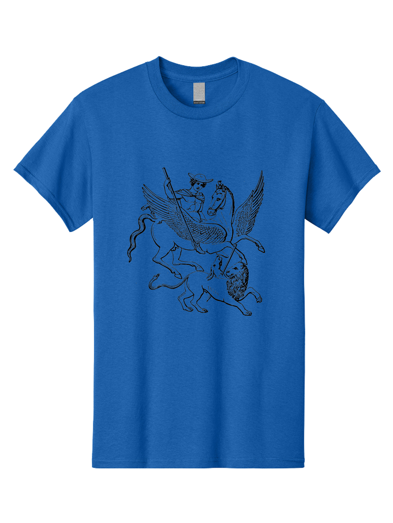 St-George-And-Dragon Men'S Graphic Tee, 100% Cotton, Comfortable Casual Summer Wear, Machine Washable, Man Riding Winged Horse, Horse Attacking Lion, Mythical Creatures, Fantasy Artwork, Black Line Art, Vintage Illustration, - Aaa565 15