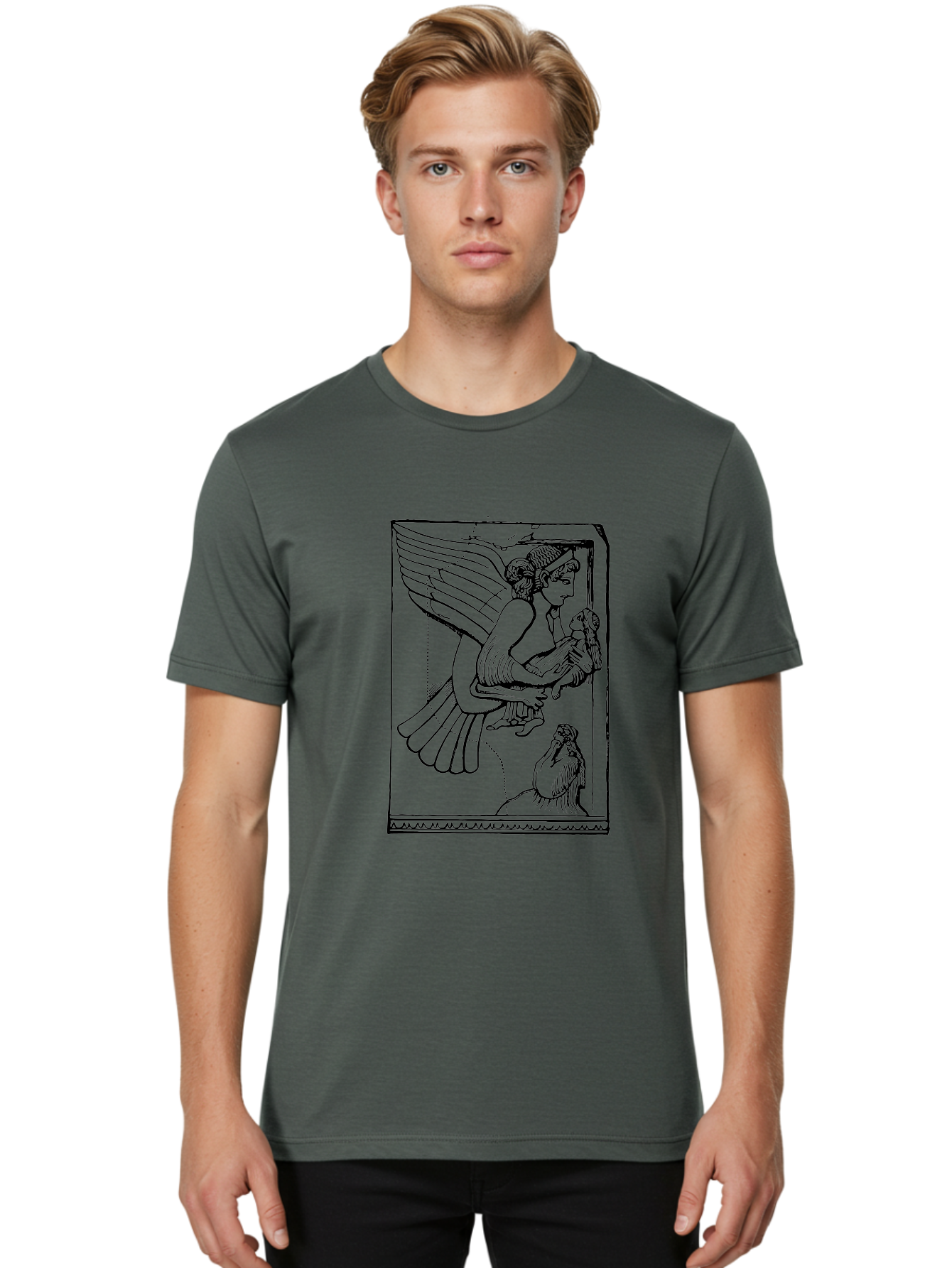 Winged-Goddess-With-Bird Men'S Graphic Tee, 100% Cotton, Comfortable Casual Summer Wear, Machine Washable, Winged Goddess Offering Dove, Ancient Greek Art, Mythological Figure, Dove Symbolism, Angelic Being, Classical Mythology, - Aaa571 16