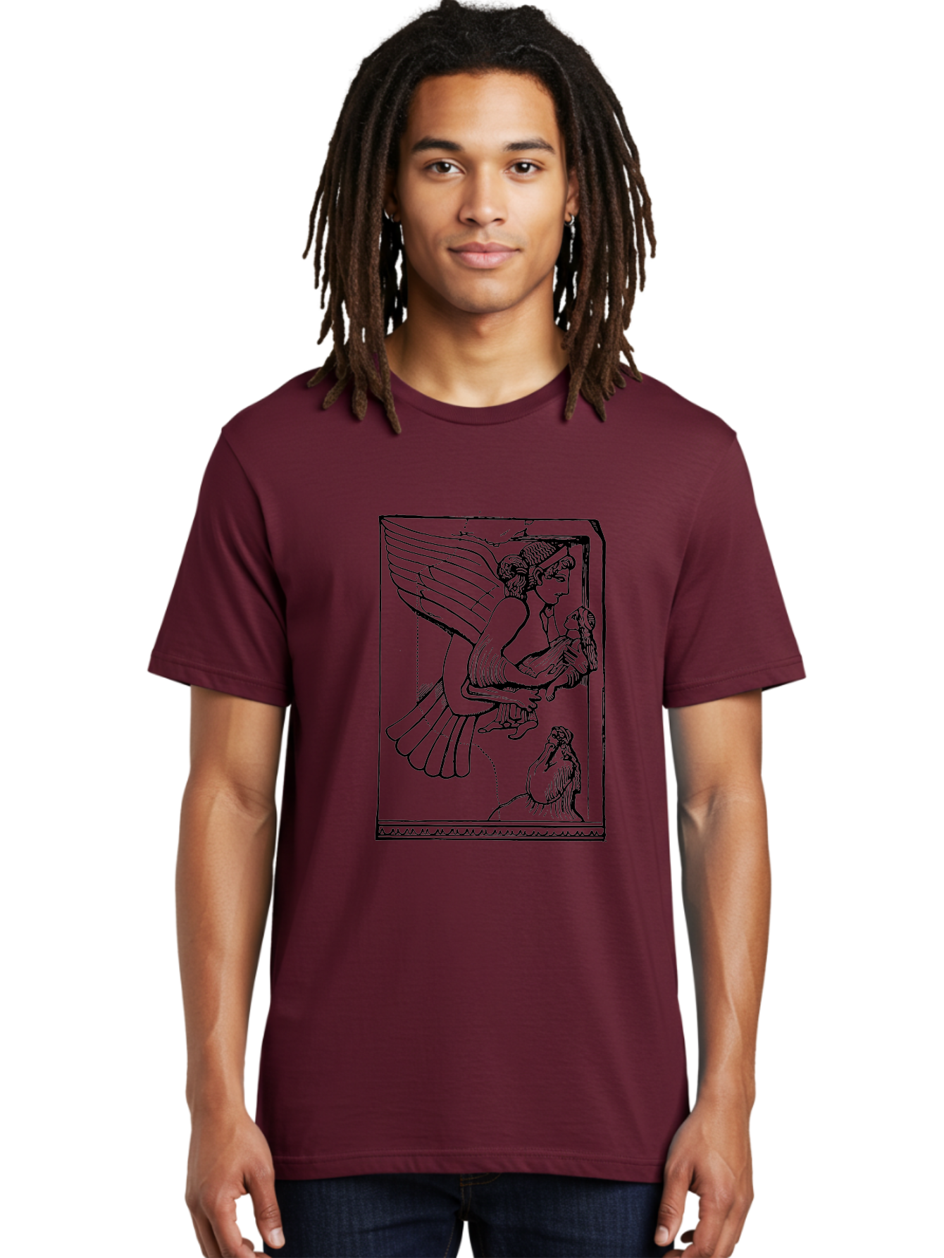 Winged-Goddess-With-Bird Men'S Graphic Tee, 100% Cotton, Comfortable Casual Summer Wear, Machine Washable, Winged Goddess Offering Dove, Ancient Greek Art, Mythological Figure, Dove Symbolism, Angelic Being, Classical Mythology, - Aaa571 22