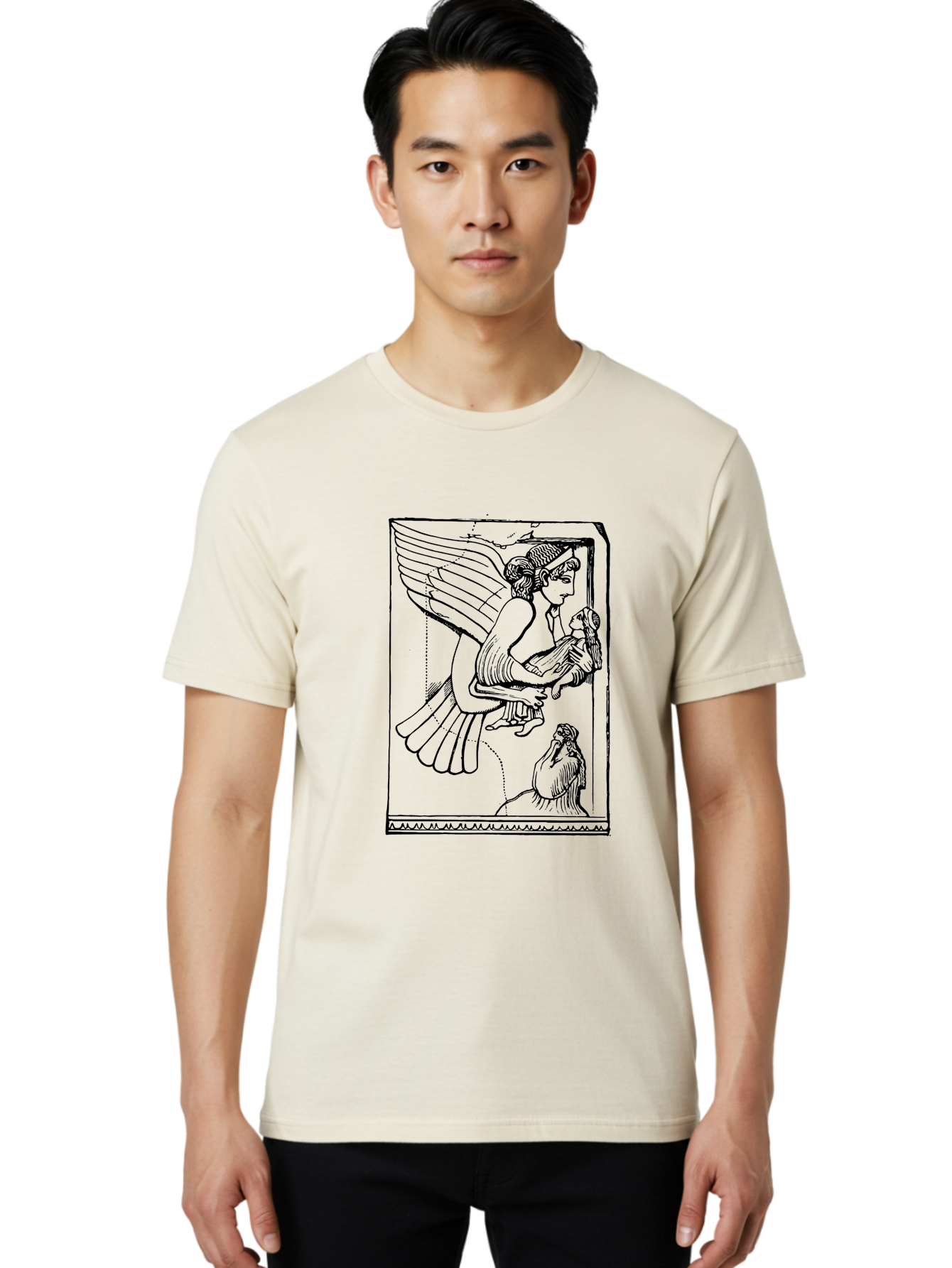 Winged-Goddess-With-Bird Men'S Graphic Tee, 100% Cotton, Comfortable Casual Summer Wear, Machine Washable, Winged Goddess Offering Dove, Ancient Greek Art, Mythological Figure, Dove Symbolism, Angelic Being, Classical Mythology, - Aaa571 14