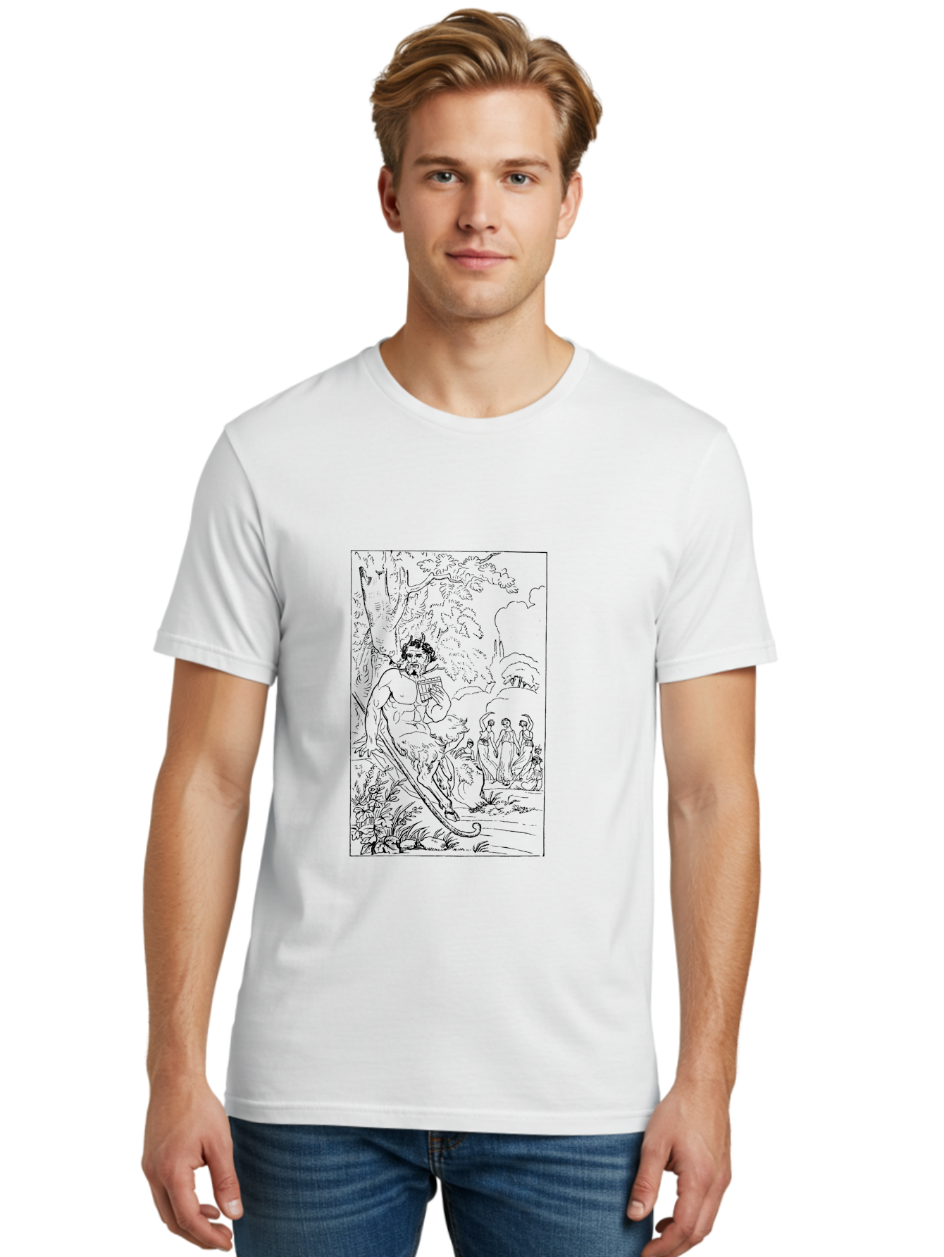 Woman-Hammock Men'S Graphic Tee, 100% Cotton, Comfortable Casual Summer Wear, Machine Washable, Satyrs In Forest, Mythological Creatures, Ancient Greek Mythology, Lush Foliage, Natural Scenery, Idyllic Setting, Folklore, Woodland Nymphs, - Aaa573 6