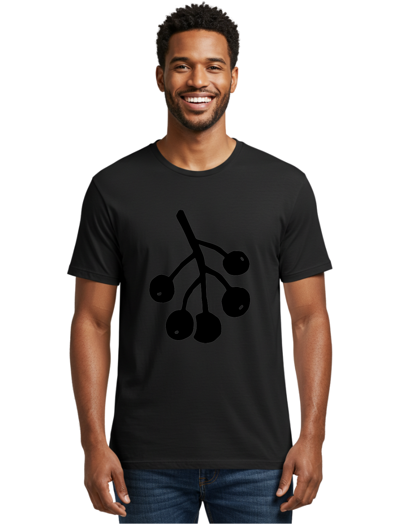 Five-Cherries Men'S Graphic Tee, 100% Cotton, Comfortable Casual Summer Wear, Machine Washable, Black Cherries Silhouette, Minimalist Design, Fruit Icon, Cherry Stem, Simple Graphics, Vector Illustration, Bold Silhouette, - Aaa589 2