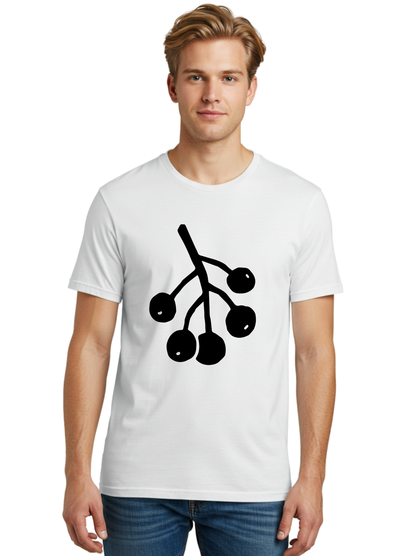 Five-Cherries Men'S Graphic Tee, 100% Cotton, Comfortable Casual Summer Wear, Machine Washable, Black Cherries Silhouette, Minimalist Design, Fruit Icon, Cherry Stem, Simple Graphics, Vector Illustration, Bold Silhouette, - Aaa589 30