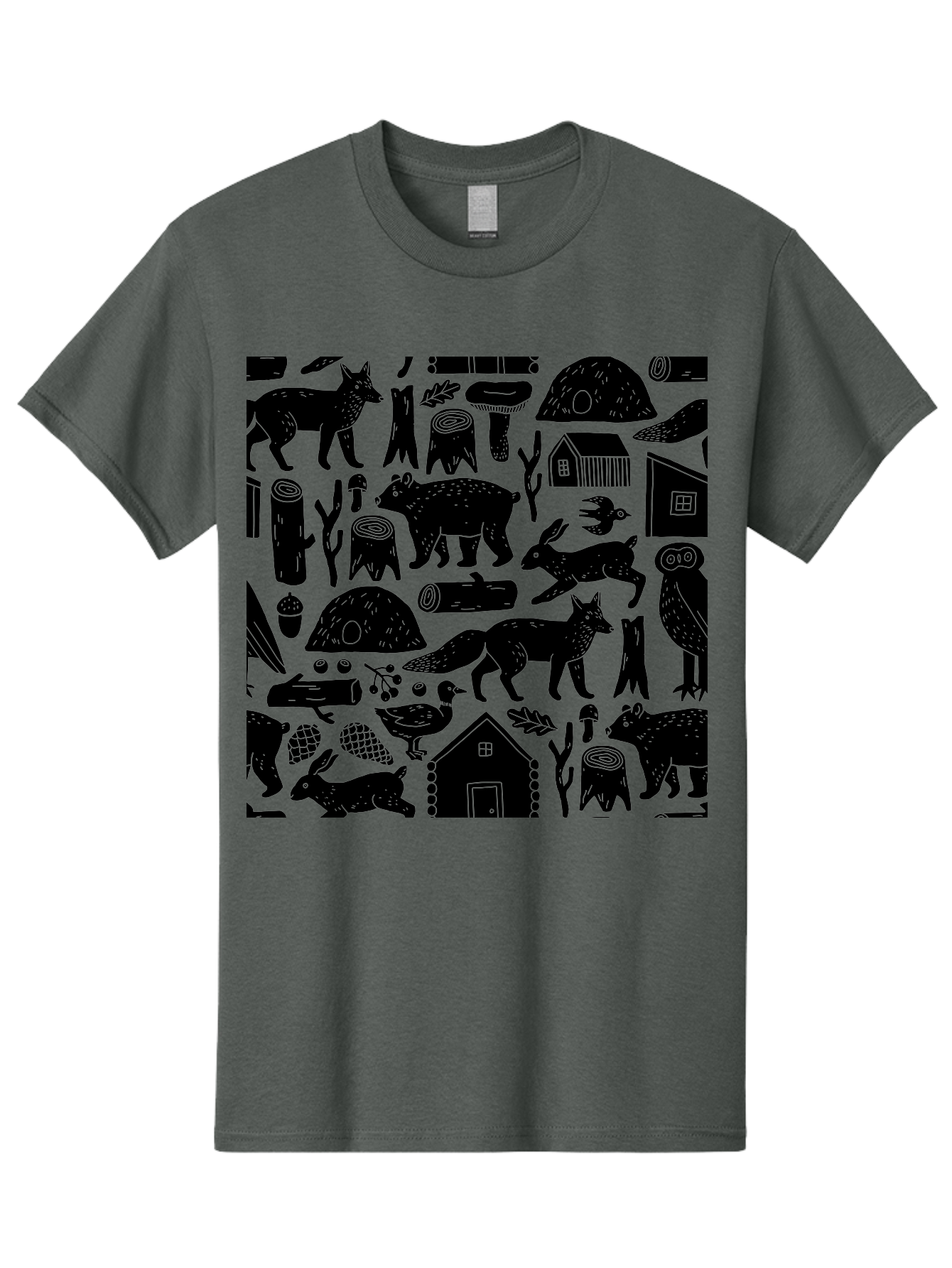 Forest-Animals-Pattern Men'S Graphic Tee, 100% Cotton, Comfortable Casual Summer Wear, Machine Washable, Woodland Animals, Forest Wildlife, Rustic Houses, Trees, Birds, Wildlife Art, Woodsy Landscape, Nature Illustrations, Forest Patterns, - Aaa592 3
