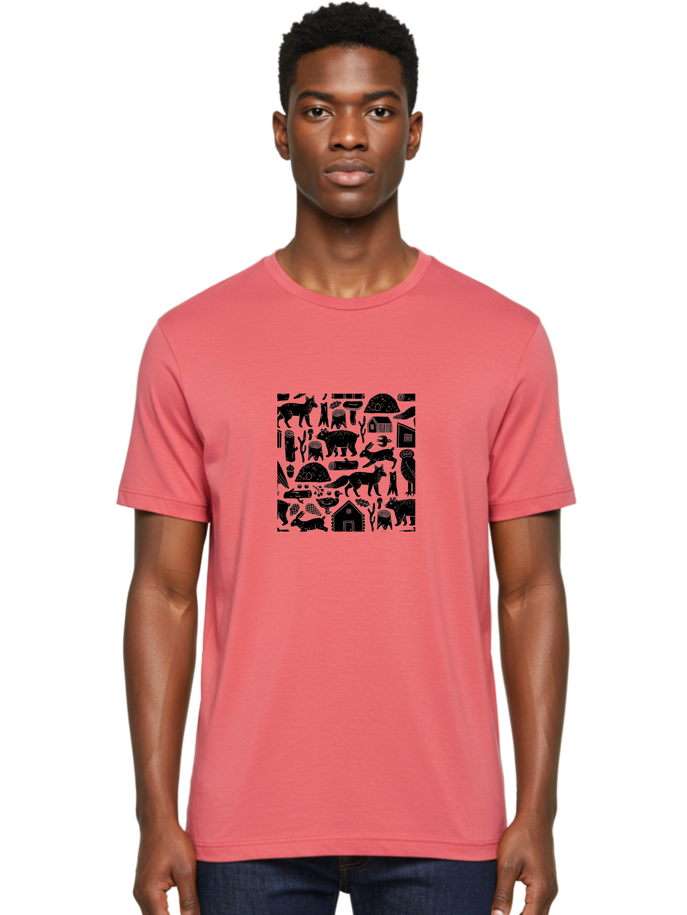 Forest-Animals-Pattern Men'S Graphic Tee, 100% Cotton, Comfortable Casual Summer Wear, Machine Washable, Woodland Animals, Forest Wildlife, Rustic Houses, Trees, Birds, Wildlife Art, Woodsy Landscape, Nature Illustrations, Forest Patterns, - Aaa592 6