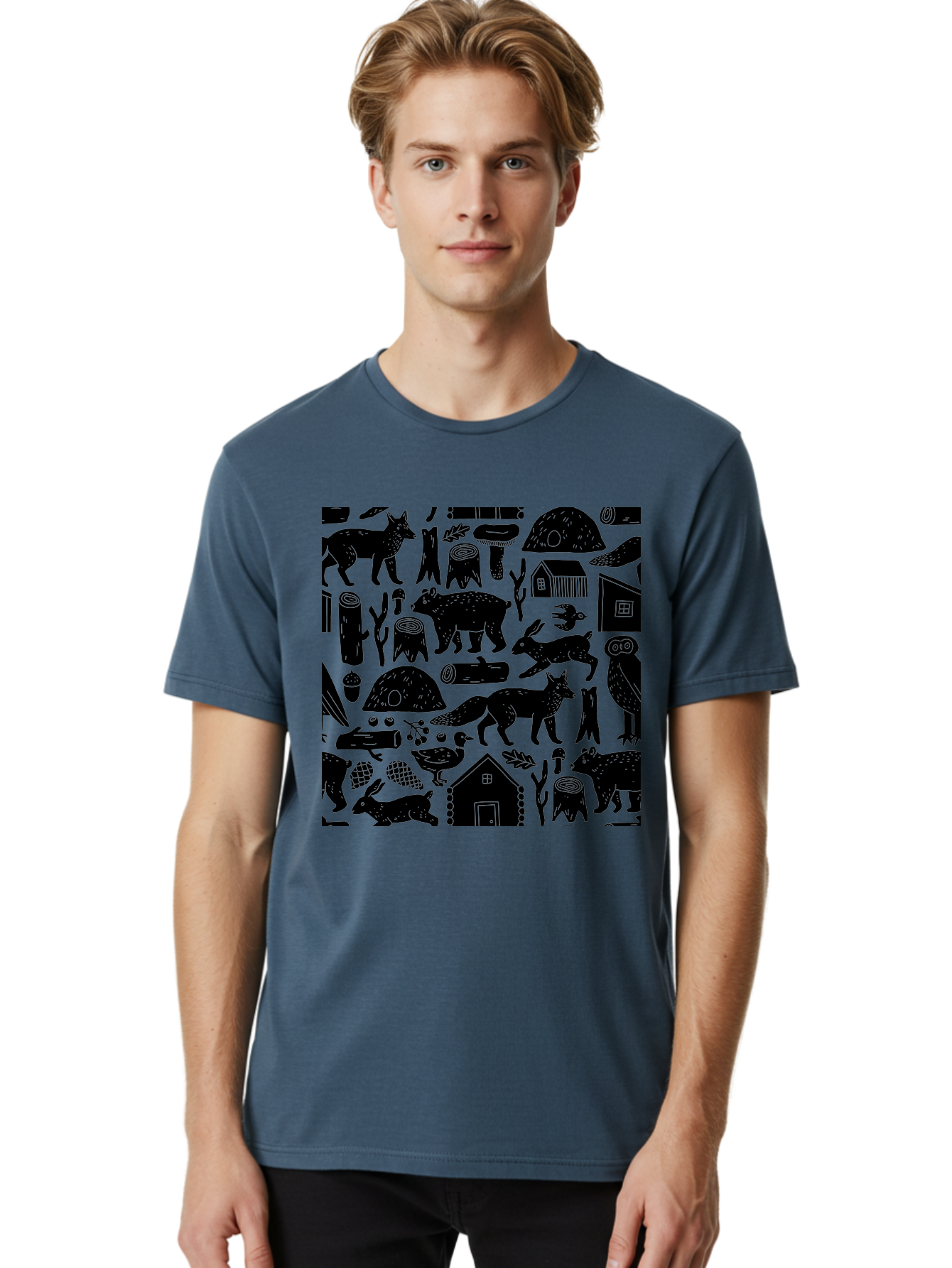 Forest-Animals-Pattern Men'S Graphic Tee, 100% Cotton, Comfortable Casual Summer Wear, Machine Washable, Woodland Animals, Forest Wildlife, Rustic Houses, Trees, Birds, Wildlife Art, Woodsy Landscape, Nature Illustrations, Forest Patterns, - Aaa592 14