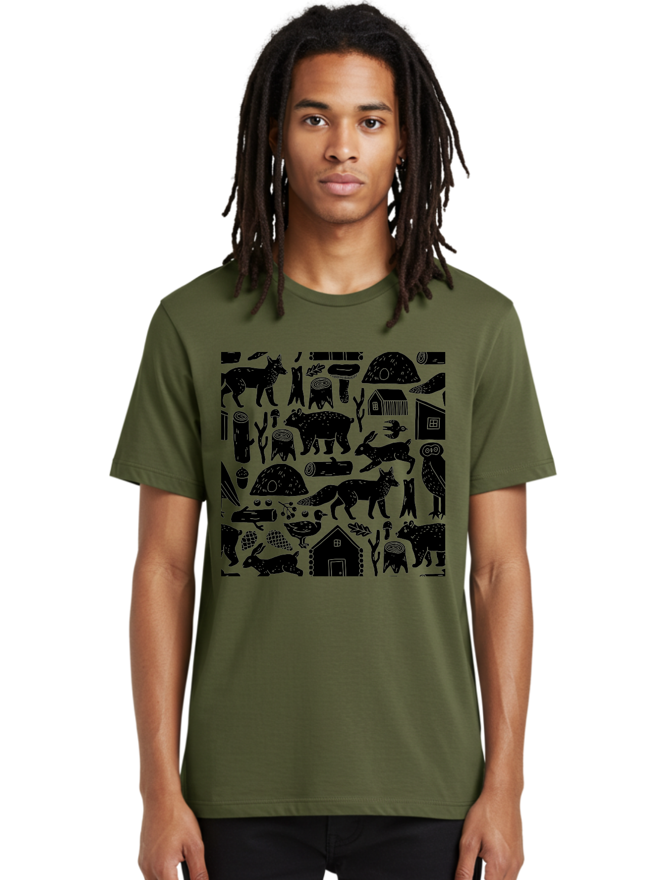 Forest-Animals-Pattern Men'S Graphic Tee, 100% Cotton, Comfortable Casual Summer Wear, Machine Washable, Woodland Animals, Forest Wildlife, Rustic Houses, Trees, Birds, Wildlife Art, Woodsy Landscape, Nature Illustrations, Forest Patterns, - Aaa592 26