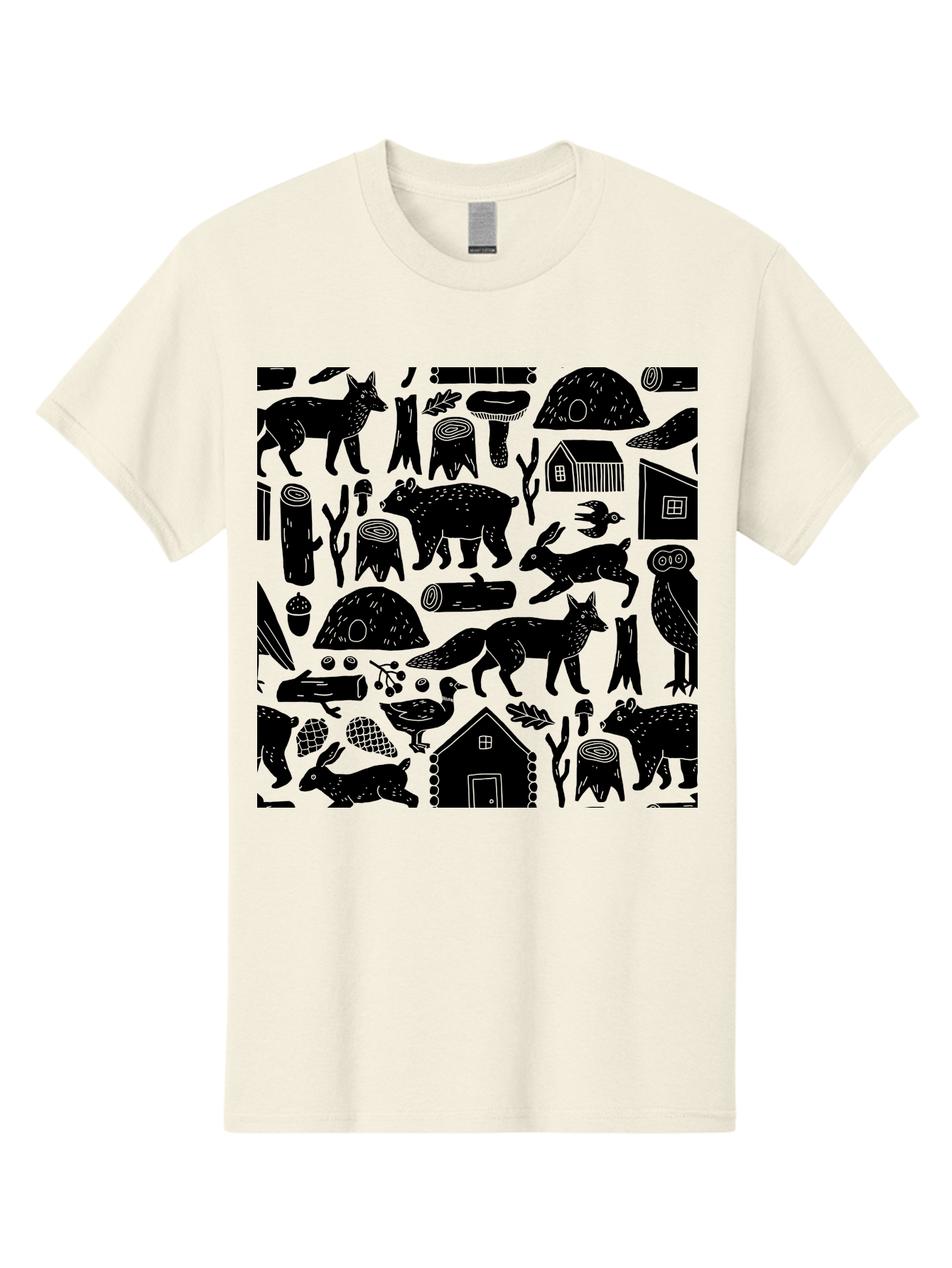 Forest-Animals-Pattern Men'S Graphic Tee, 100% Cotton, Comfortable Casual Summer Wear, Machine Washable, Woodland Animals, Forest Wildlife, Rustic Houses, Trees, Birds, Wildlife Art, Woodsy Landscape, Nature Illustrations, Forest Patterns, - Aaa592 15