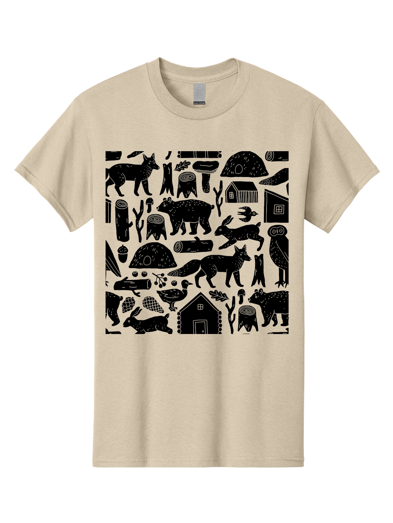 Forest-Animals-Pattern Men'S Graphic Tee, 100% Cotton, Comfortable Casual Summer Wear, Machine Washable, Woodland Animals, Forest Wildlife, Rustic Houses, Trees, Birds, Wildlife Art, Woodsy Landscape, Nature Illustrations, Forest Patterns, - Aaa592 23
