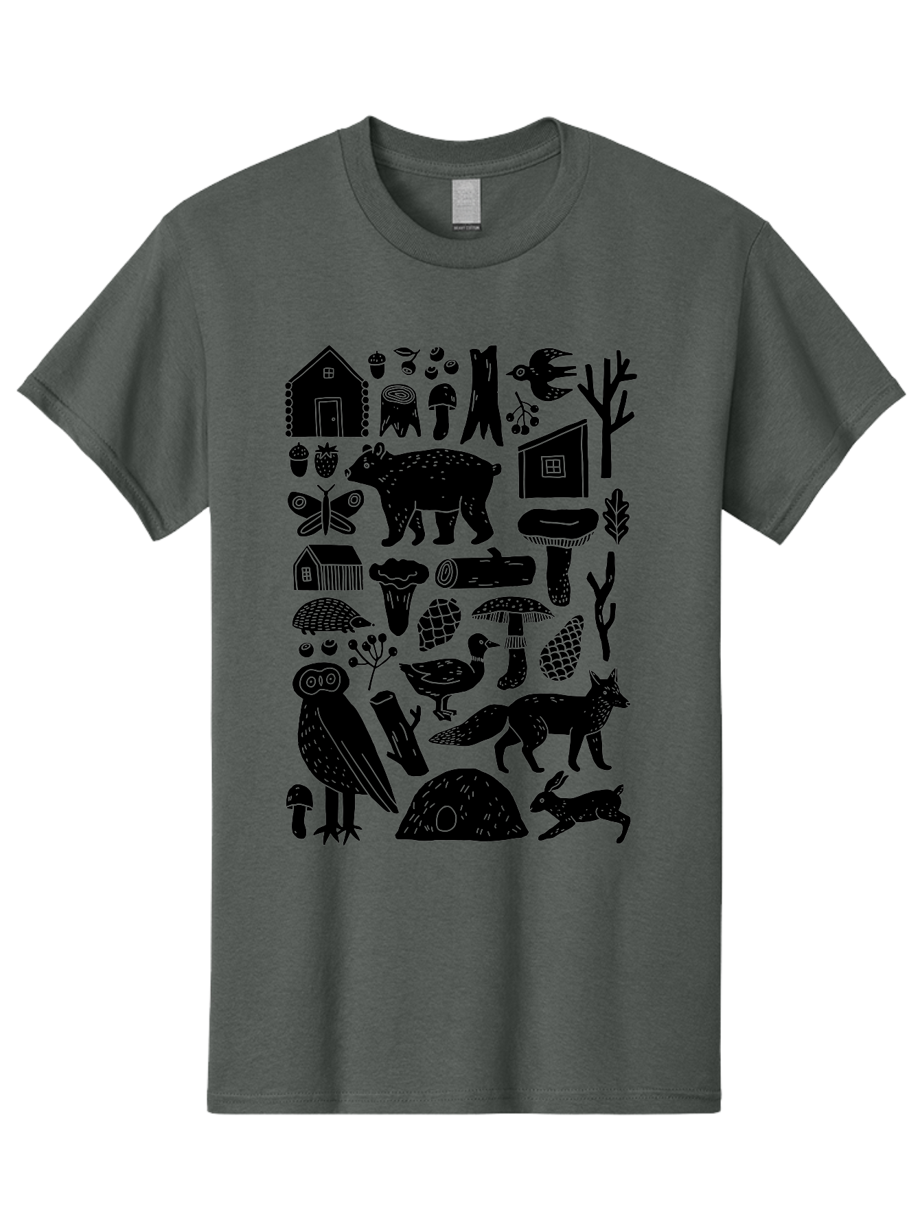 Forest-Creatures Men'S Graphic Tee, 100% Cotton, Comfortable Casual Summer Wear, Machine Washable, Forest Wildlife, Bear, Owl, Fox, Rabbit, Birds, Trees, Mushrooms, Houses, Log, Berries, Butterfly, Duck, Natural Scenery, Wildlife Icons, - Aaa593 25