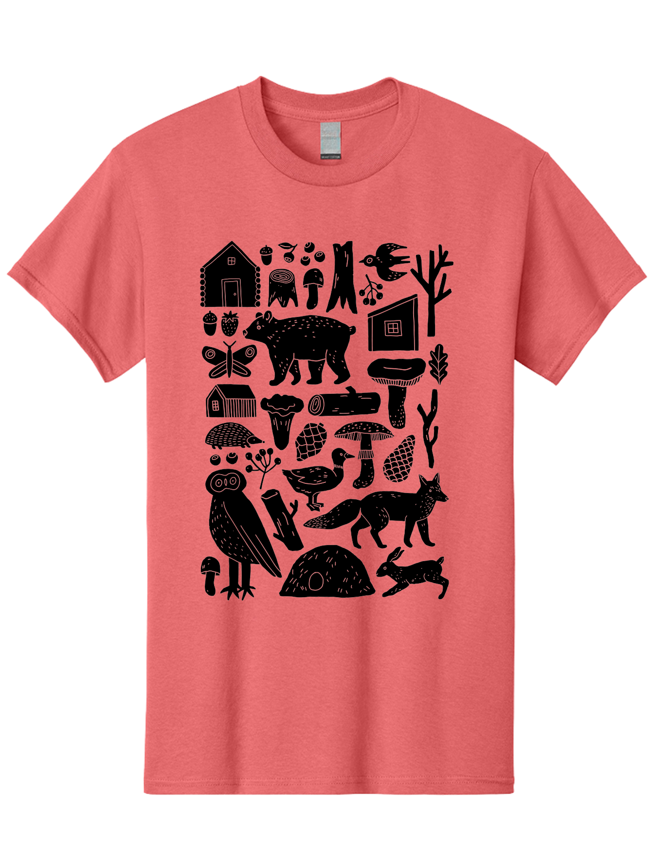 Forest-Creatures Men'S Graphic Tee, 100% Cotton, Comfortable Casual Summer Wear, Machine Washable, Forest Wildlife, Bear, Owl, Fox, Rabbit, Birds, Trees, Mushrooms, Houses, Log, Berries, Butterfly, Duck, Natural Scenery, Wildlife Icons, - Aaa593 9
