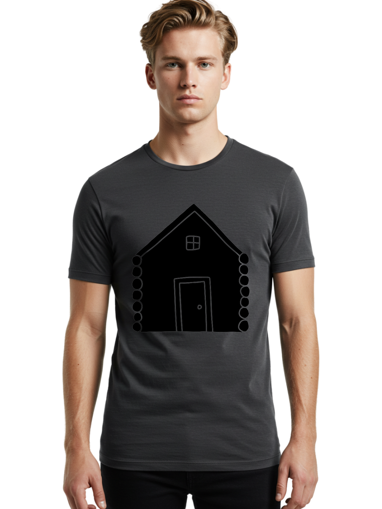 Log-Cabin Men'S Graphic Tee, 100% Cotton, Comfortable Casual Summer Wear, Machine Washable, Simple House Design, Minimalist Architecture, House Outline, Cozy Home, Door And Window, Simple Shapes, Modern Art - Aaa602 8